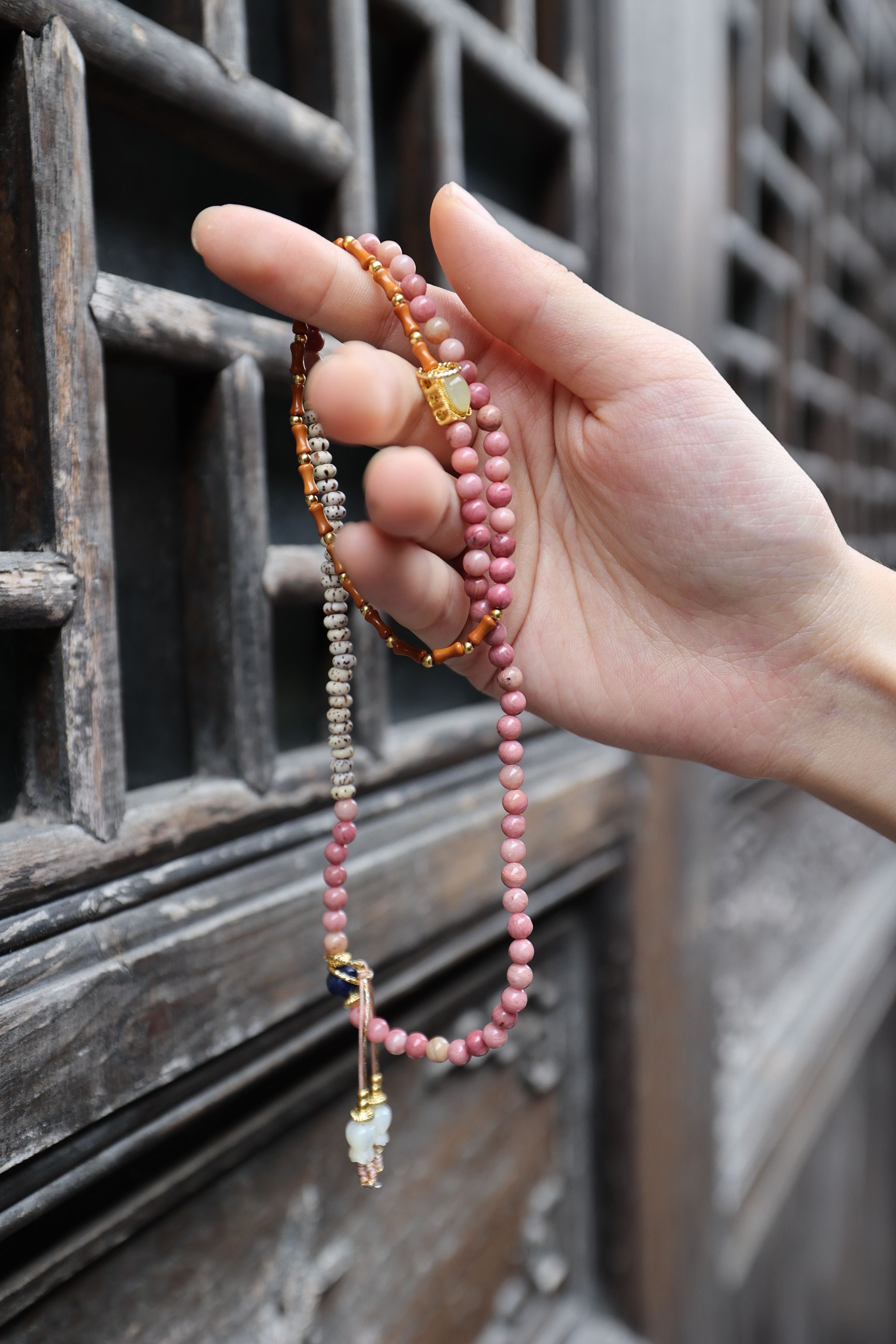 Earthen Elegance: Rosewood, Bodhi, Lapis & Shell Flower 75cm Necklace/Wrap Bracelet