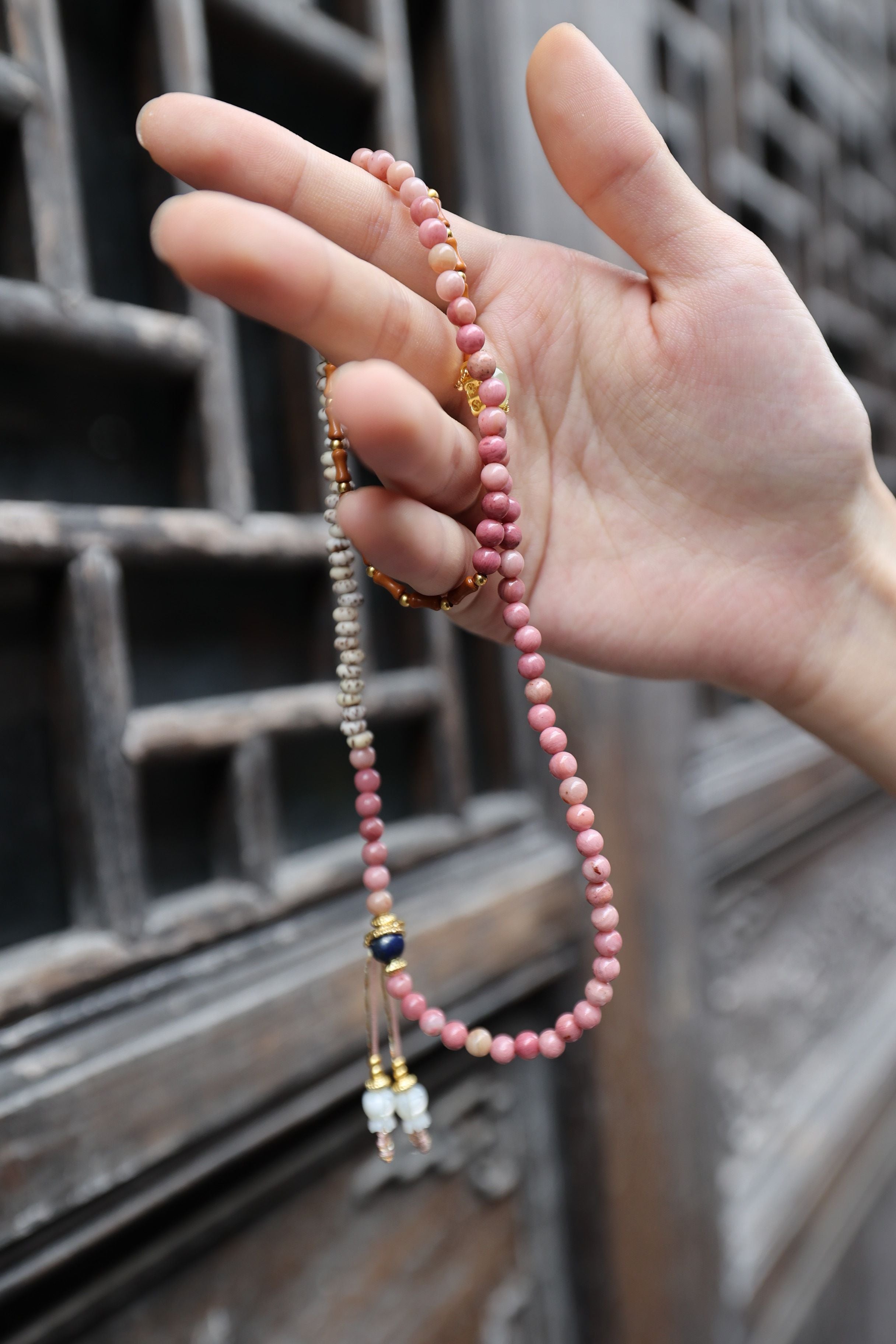 Earthen Elegance: Rosewood, Bodhi, Lapis & Shell Flower 75cm Necklace/Wrap Bracelet