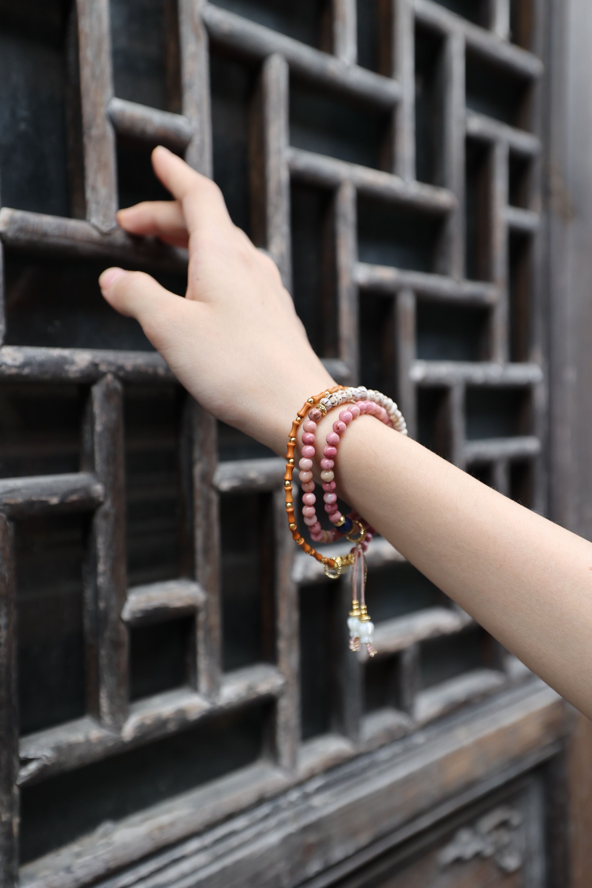 Earthen Elegance: Rosewood, Bodhi, Lapis & Shell Flower 75cm Necklace/Wrap Bracelet