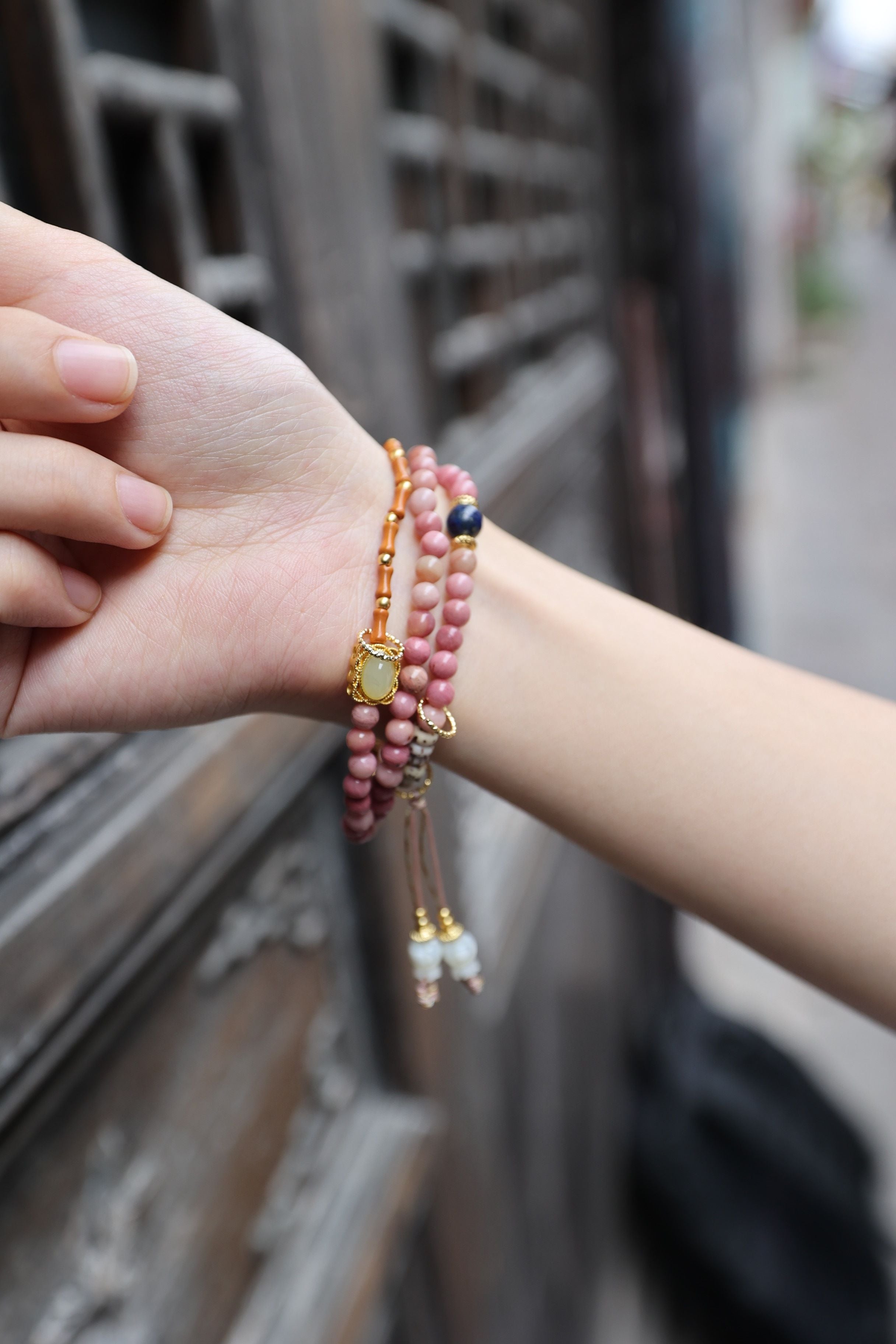 Earthen Elegance: Rosewood, Bodhi, Lapis & Shell Flower 75cm Necklace/Wrap Bracelet