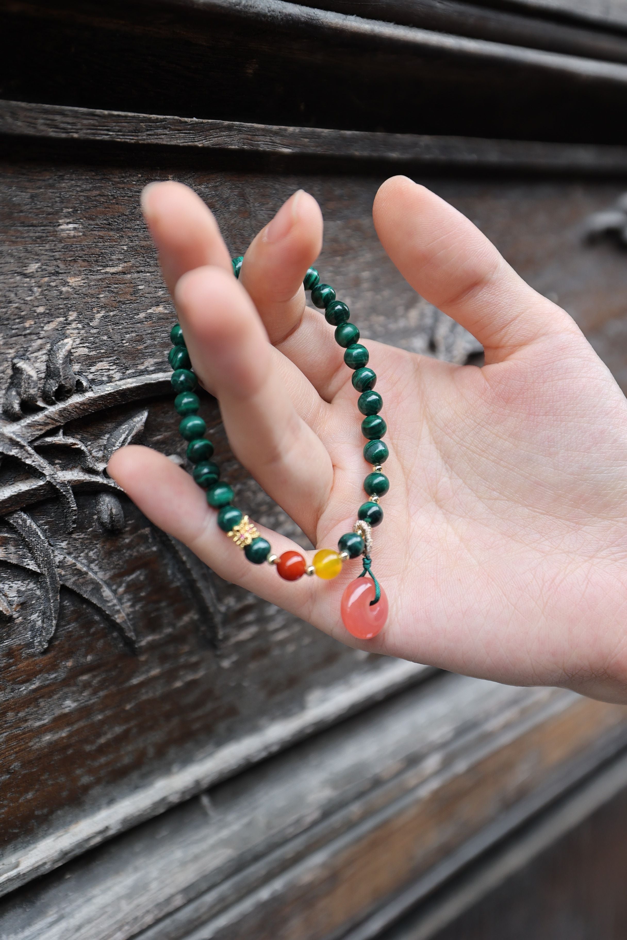 Malachite and Pink Yanyuan Agate Elastic Bracelet