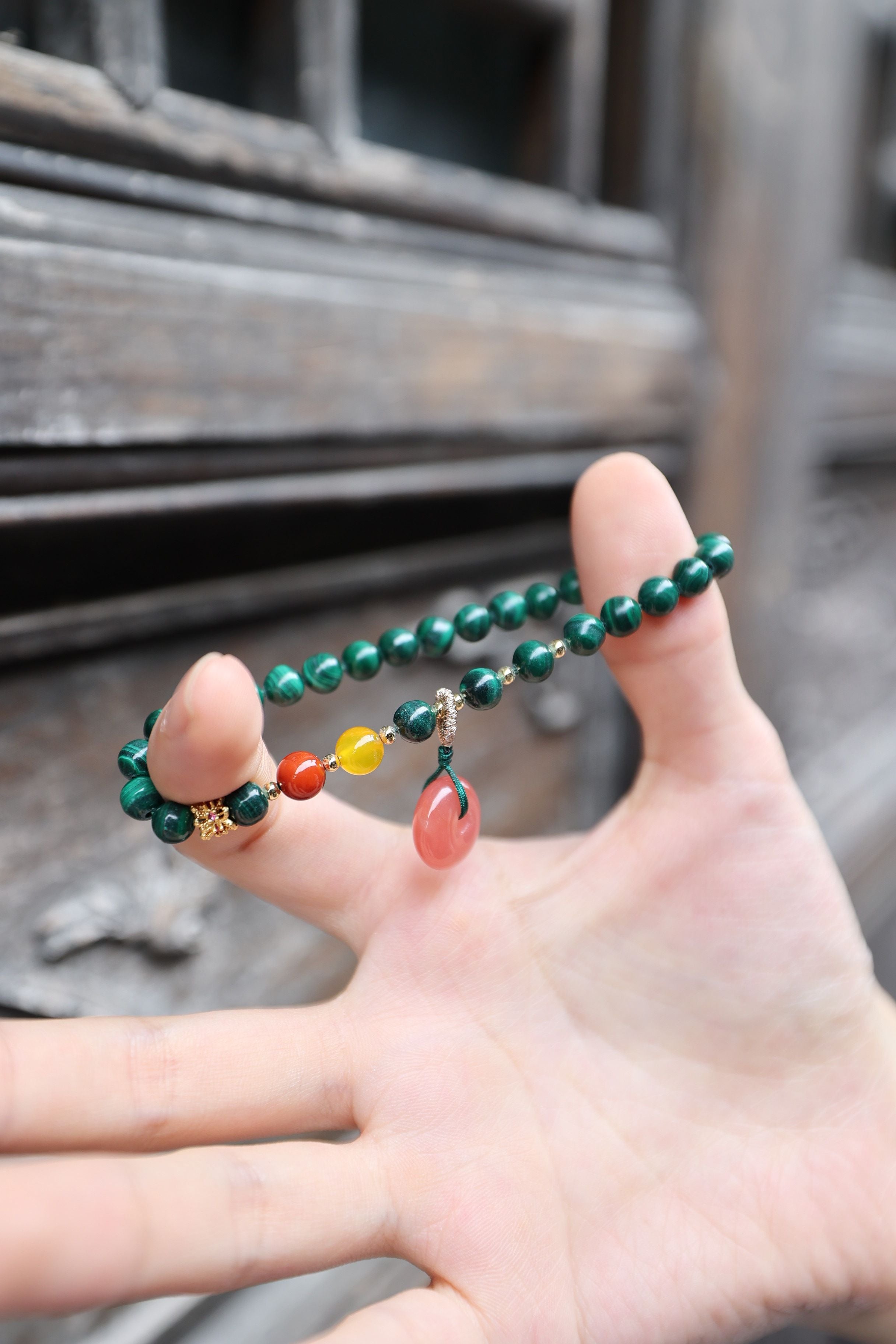 Malachite and Pink Yanyuan Agate Elastic Bracelet