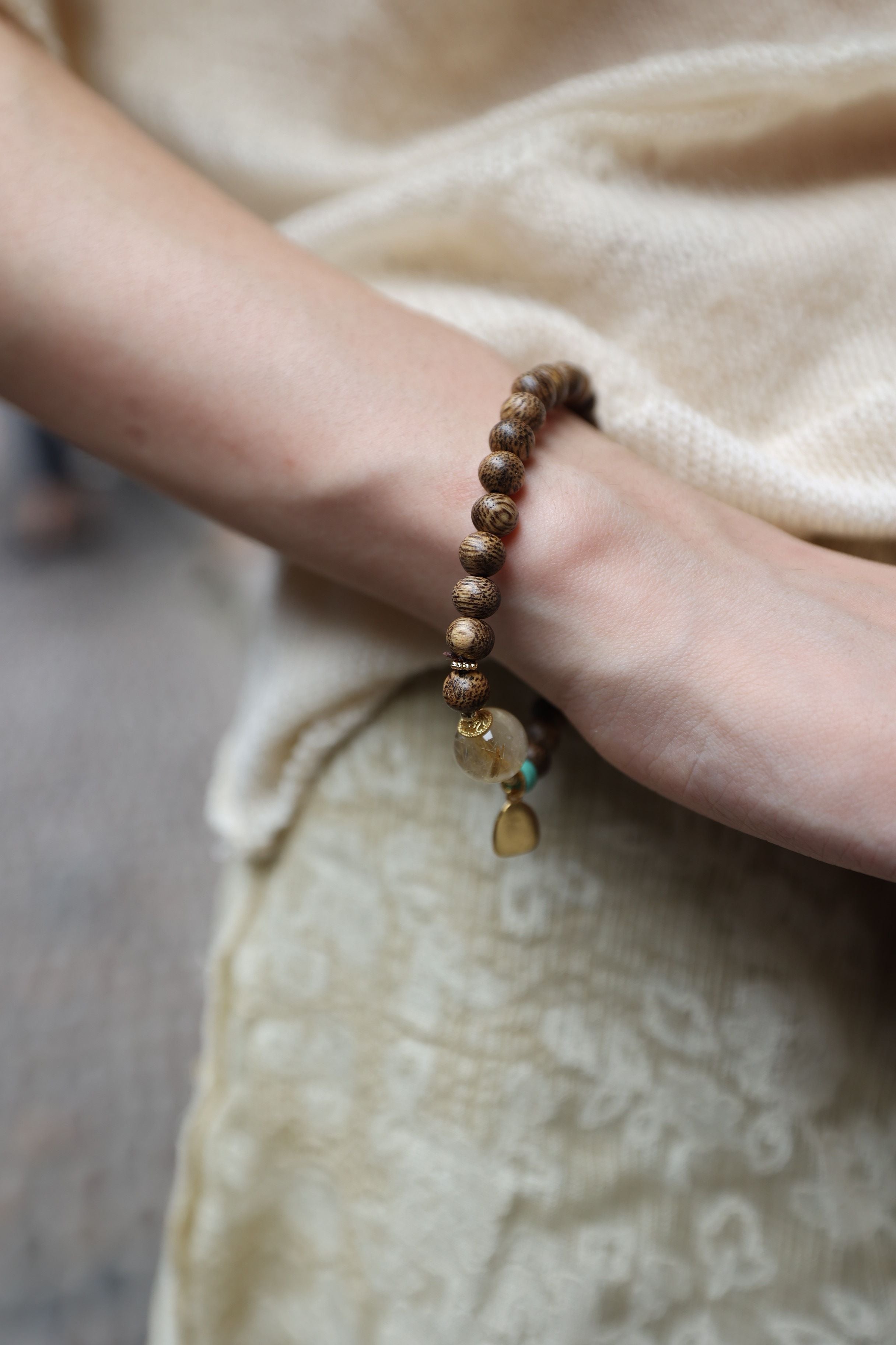 Ethereal Odyssey: Agarwood, Golden Rutile & Larimar Bracelet - 16cm Celestial Fusion