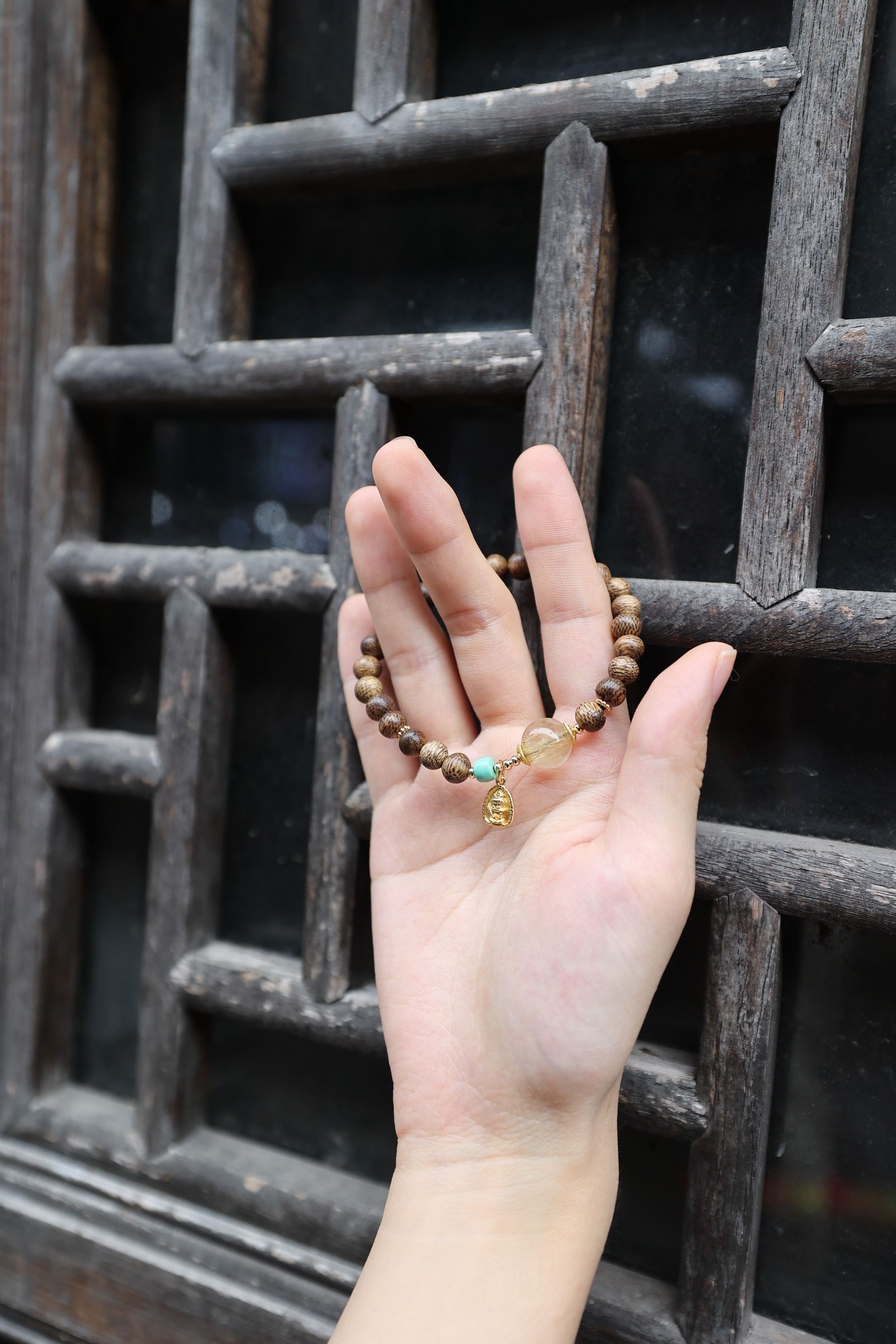 Ethereal Odyssey: Agarwood, Golden Rutile & Larimar Bracelet - 16cm Celestial Fusion