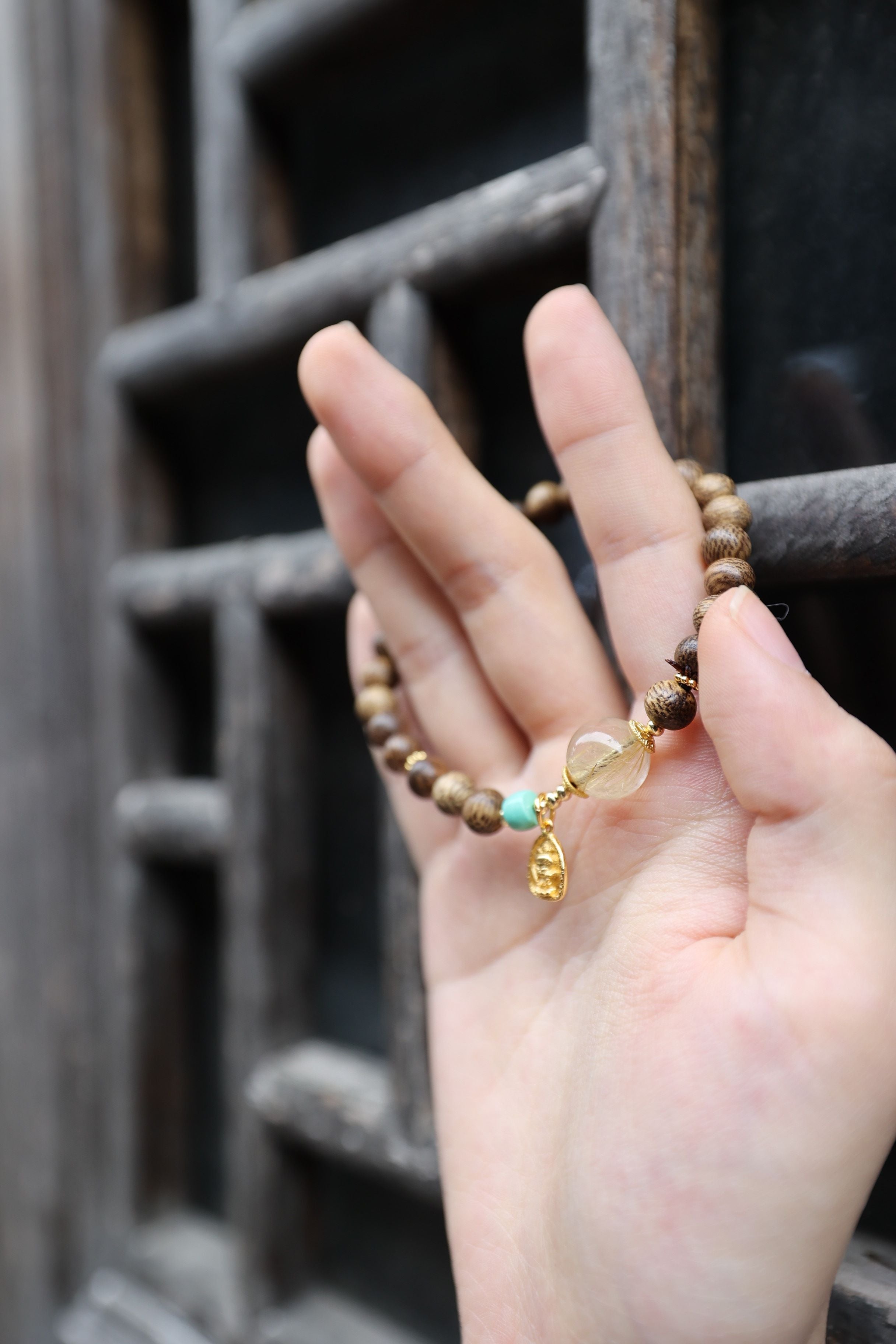 Ethereal Odyssey: Agarwood, Golden Rutile & Larimar Bracelet - 16cm Celestial Fusion