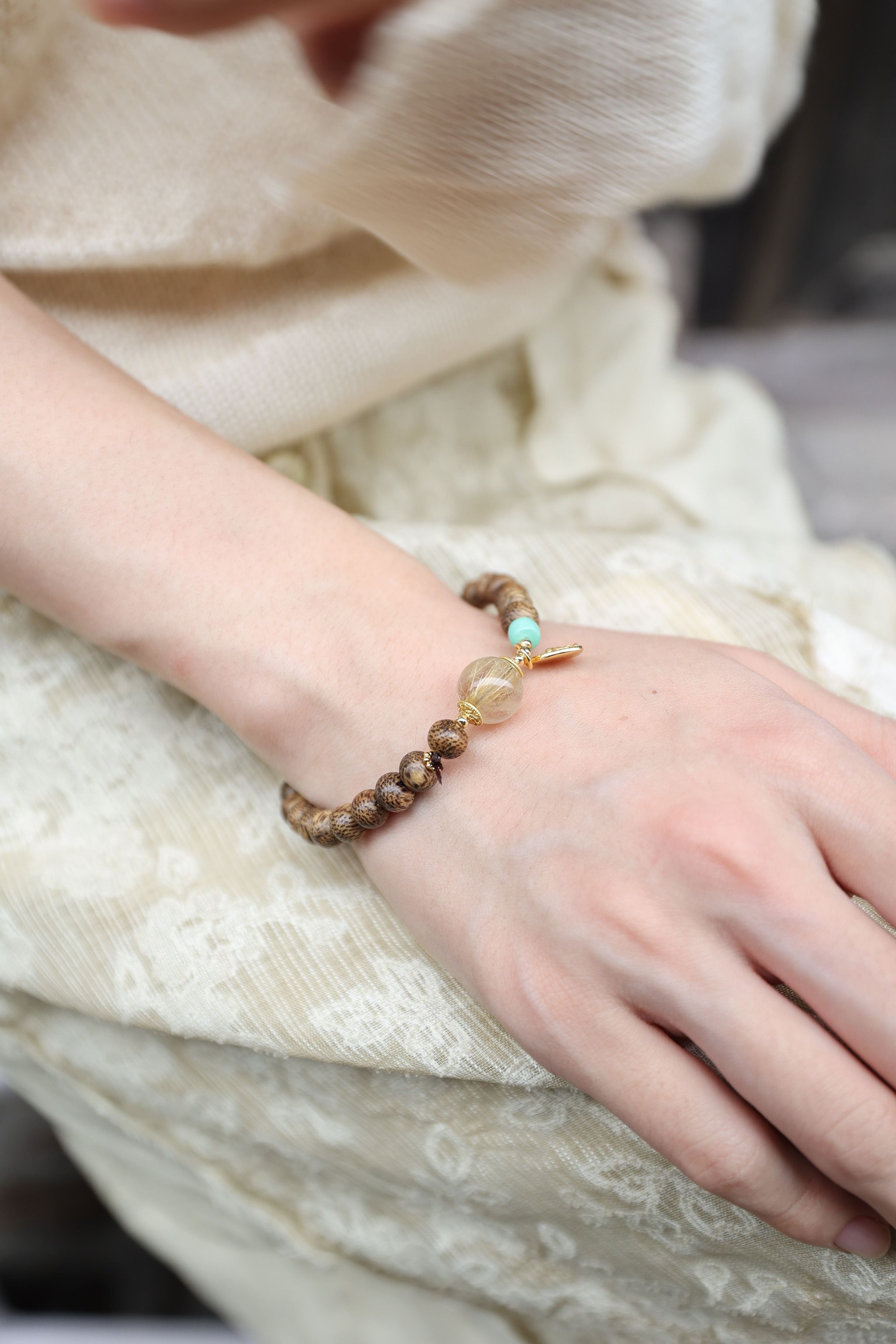 Ethereal Odyssey: Agarwood, Golden Rutile & Larimar Bracelet - 16cm Celestial Fusion