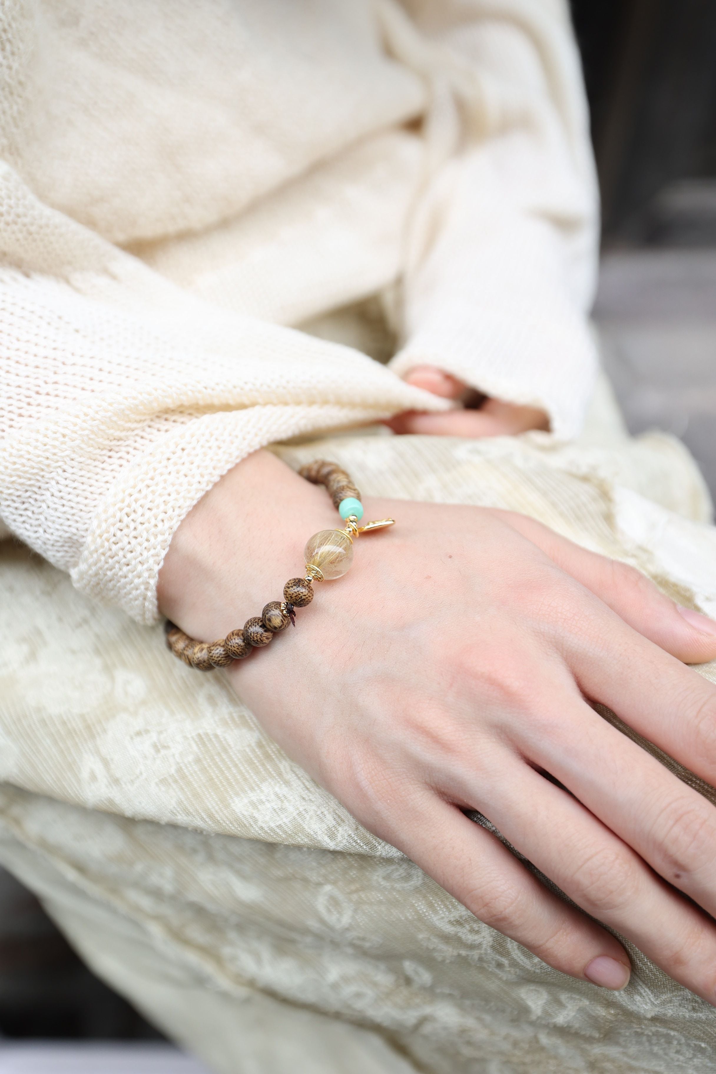 Ethereal Odyssey: Agarwood, Golden Rutile & Larimar Bracelet - 16cm Celestial Fusion