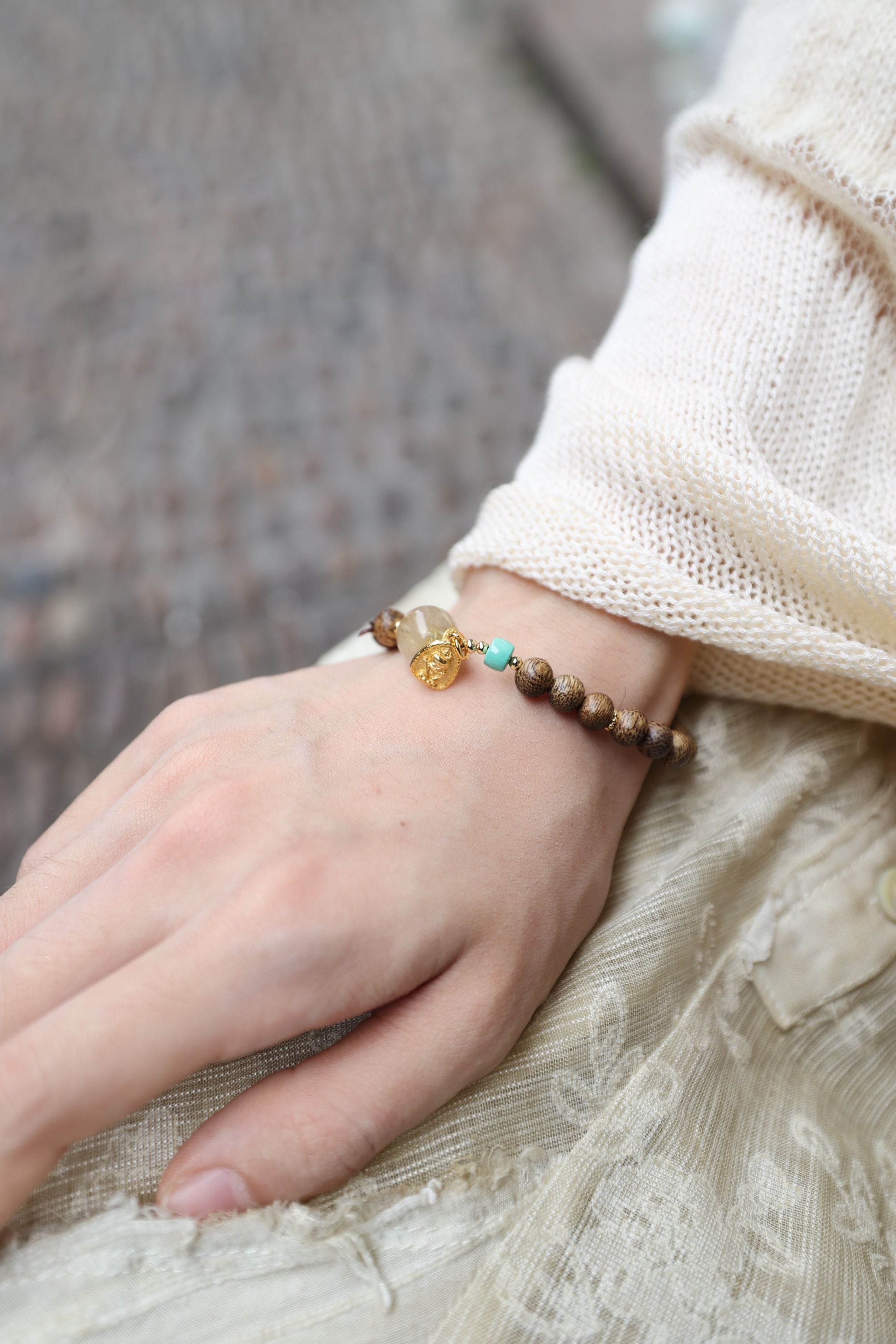 Ethereal Odyssey: Agarwood, Golden Rutile & Larimar Bracelet - 16cm Celestial Fusion