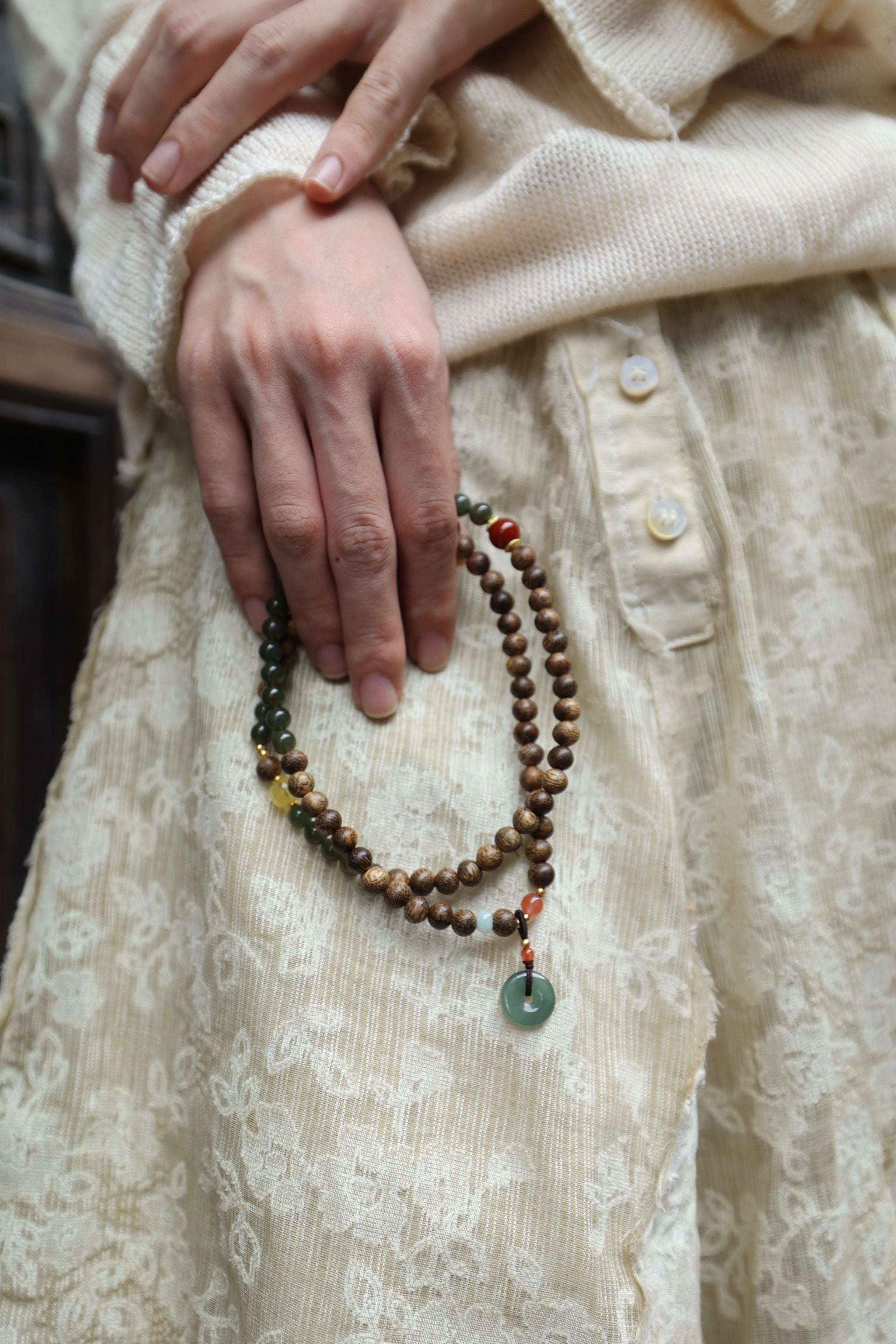 Agarwood, Hetian Jade & Amber 75cm Versatile Bracelet/Necklace