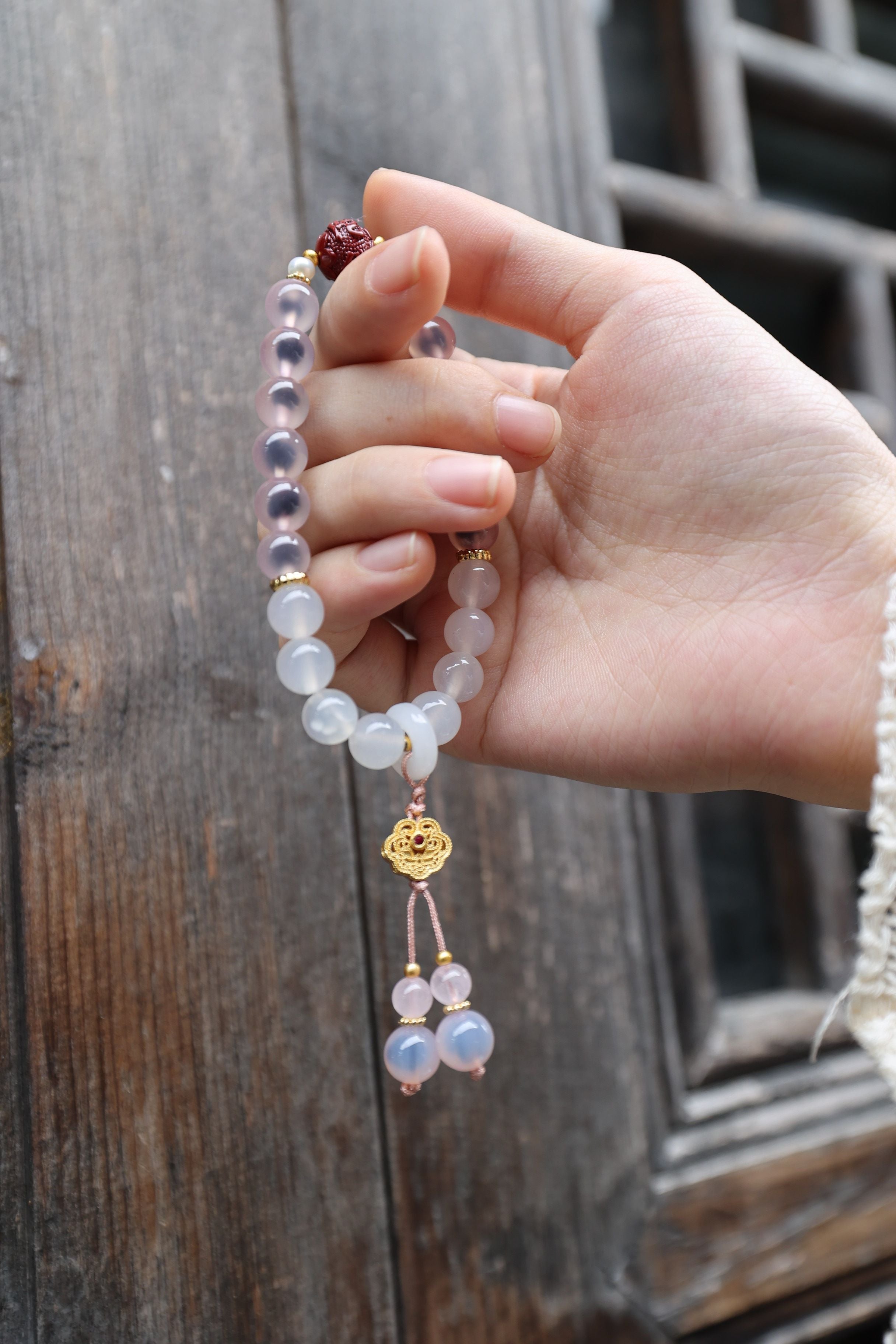 Sweet Serenity: Pink Agate, White Agate, Cinnabar & Pearl Bracelet - 16cm Harmony