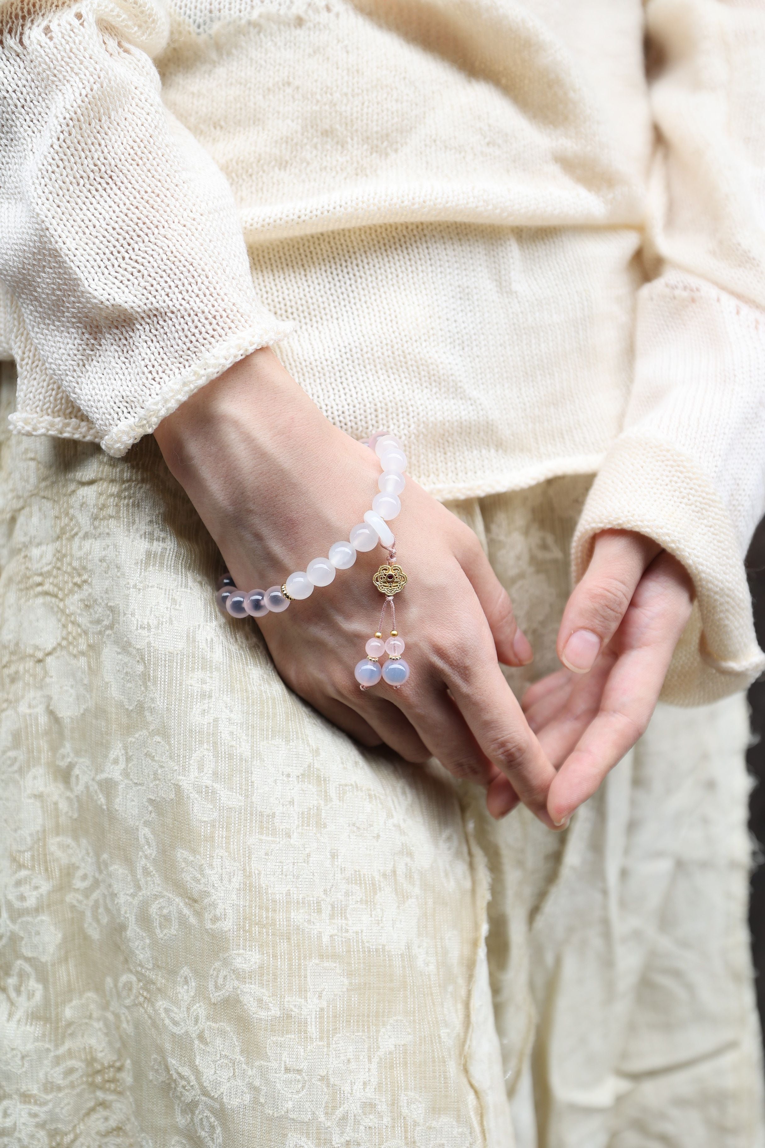 Sweet Serenity: Pink Agate, White Agate, Cinnabar & Pearl Bracelet - 16cm Harmony