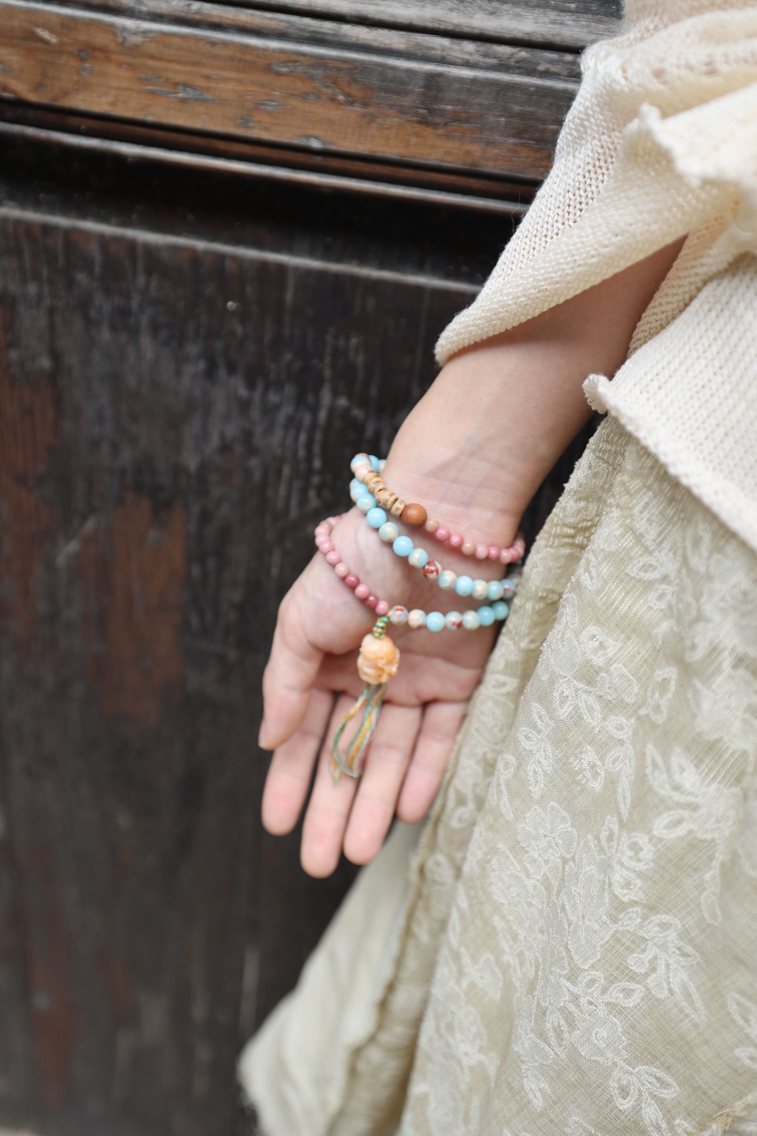 Redwood Grain, Shoushan Stone, Natural Coconut Shell, and Enhanced Ivory White Necklace/Bracelet, 75cm with 7mm Beads