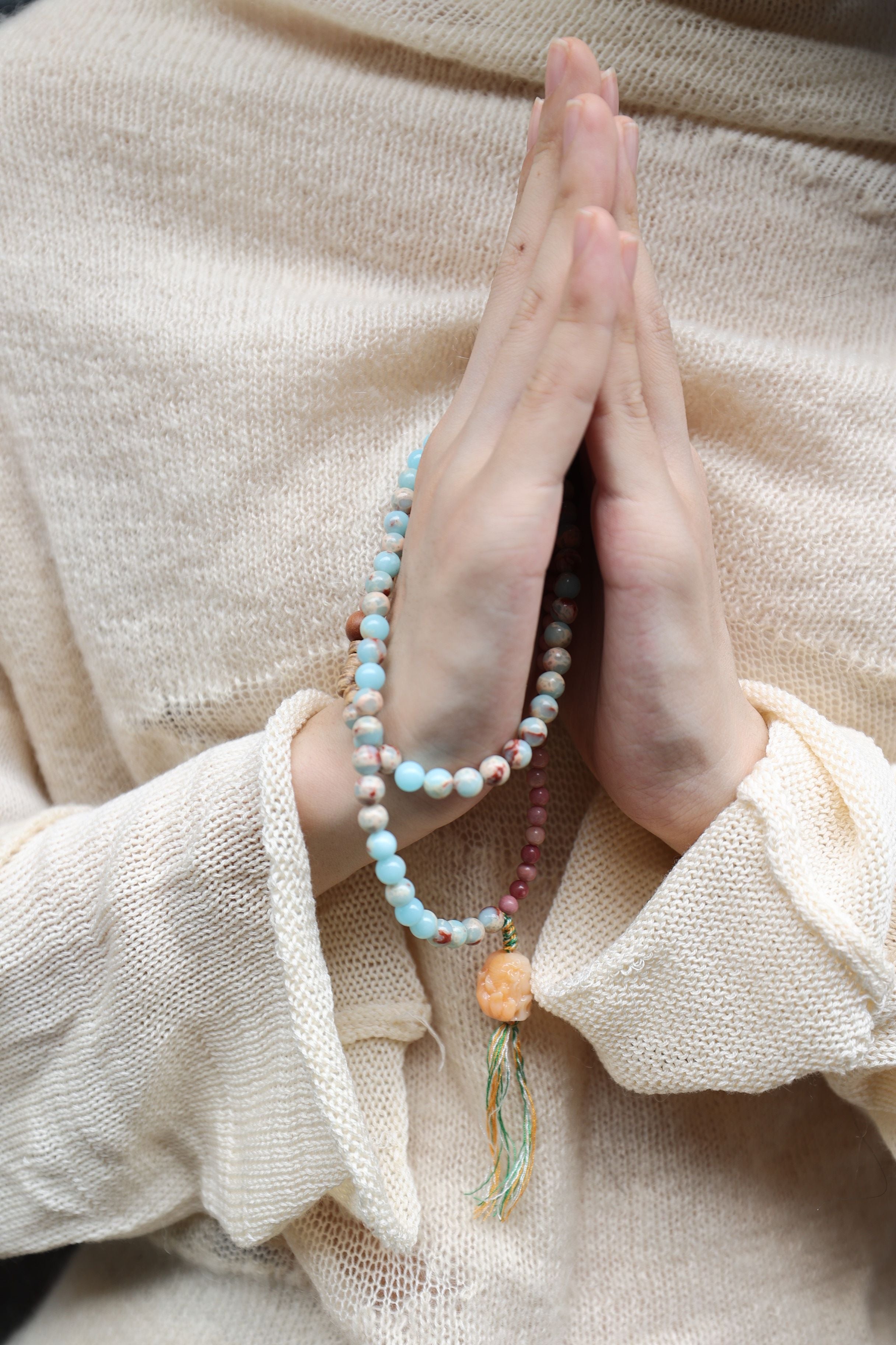 Redwood Grain, Shoushan Stone, Natural Coconut Shell, and Enhanced Ivory White Necklace/Bracelet, 75cm with 7mm Beads