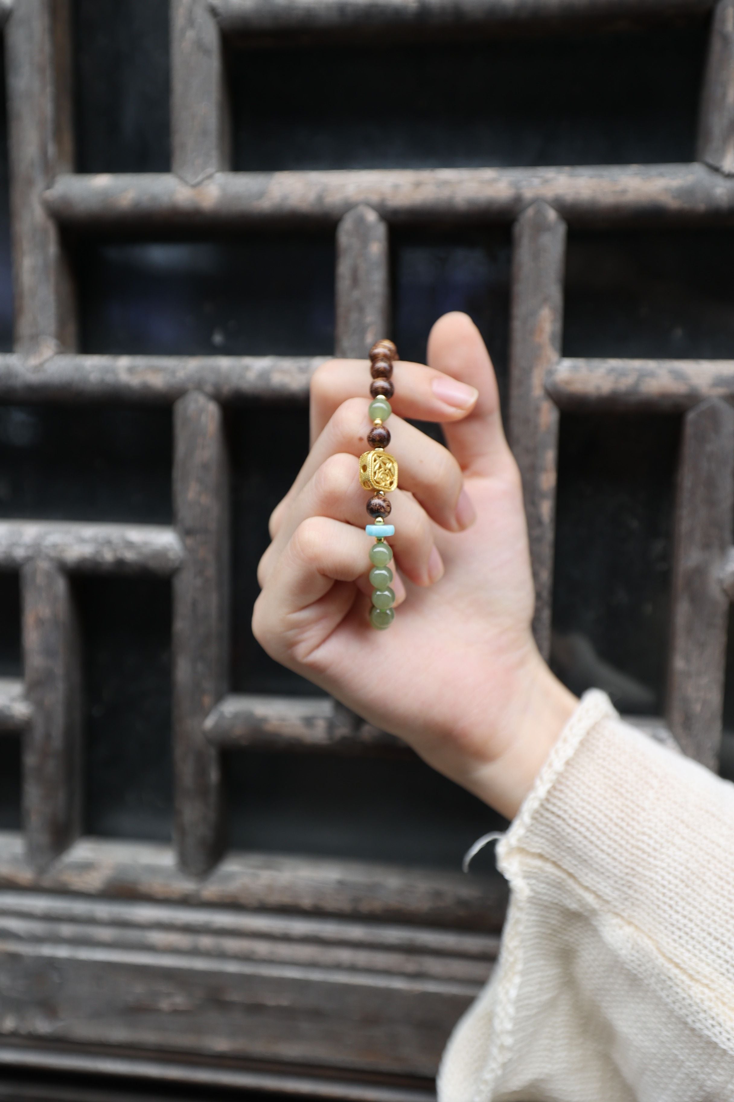 Agarwood, Hetian Jade, and Larimar Bracelet, 16cm with 7mm Beads