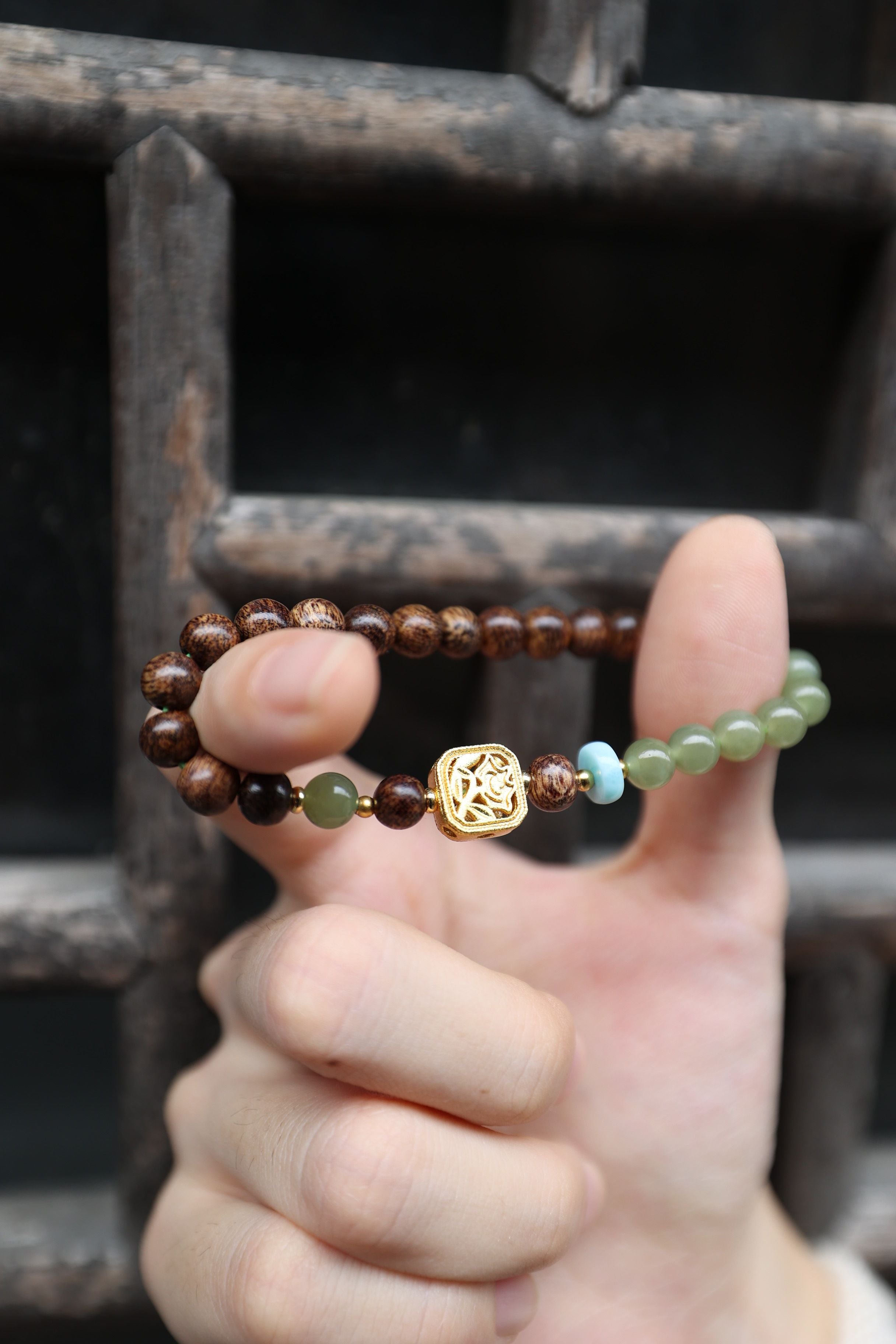 Agarwood, Hetian Jade, and Larimar Bracelet, 16cm with 7mm Beads