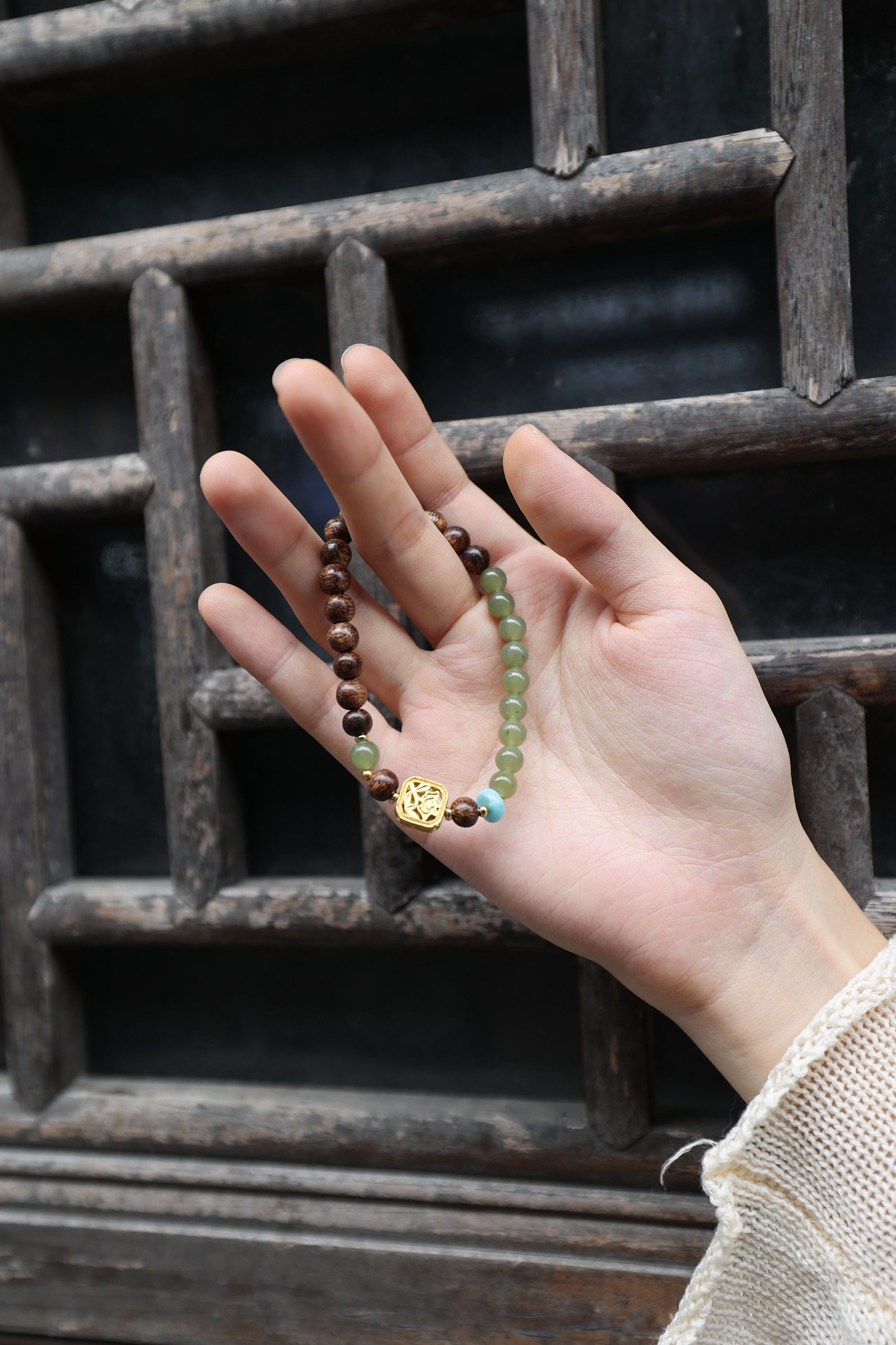 Agarwood, Hetian Jade, and Larimar Bracelet, 16cm with 7mm Beads