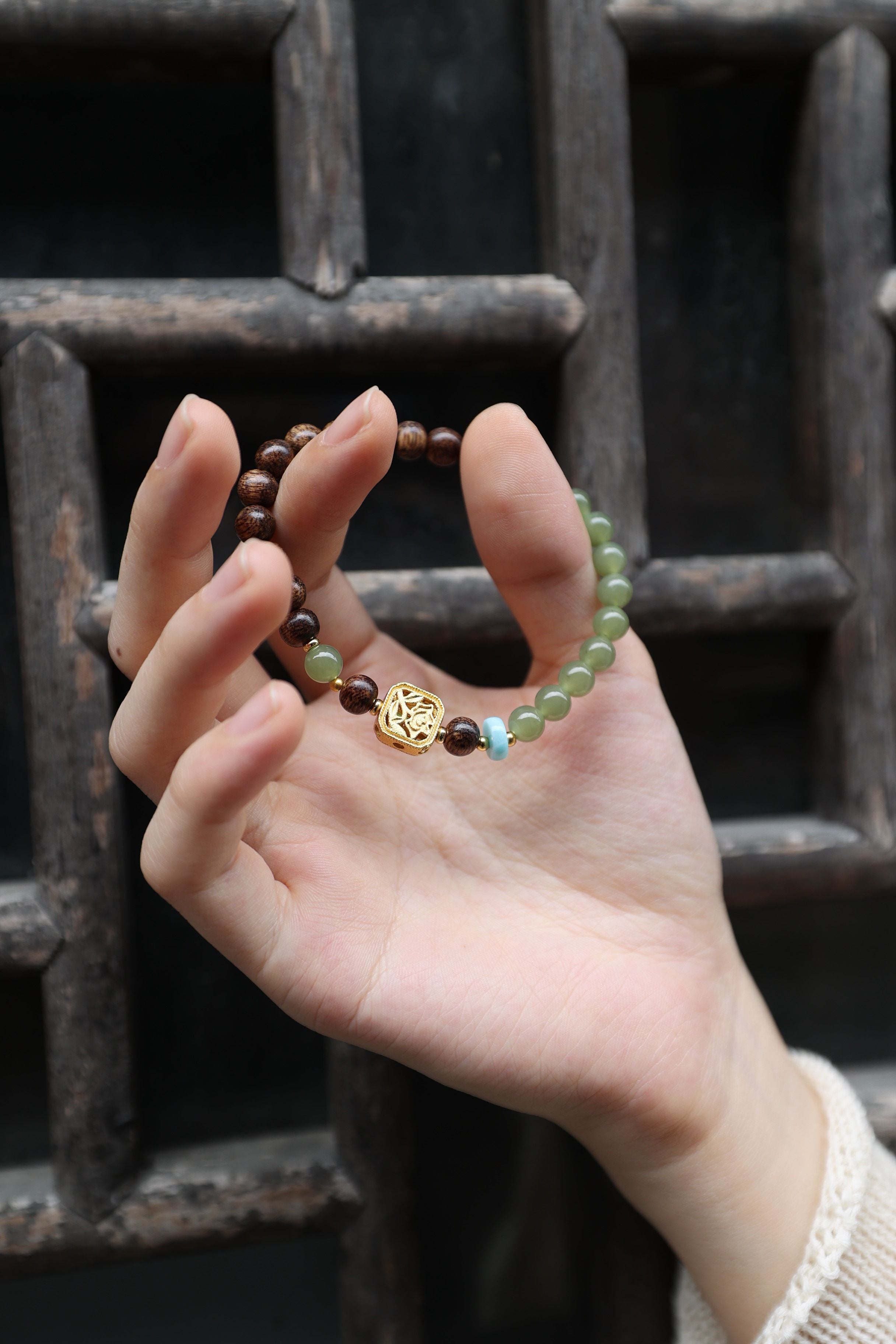 Agarwood, Hetian Jade, and Larimar Bracelet, 16cm with 7mm Beads