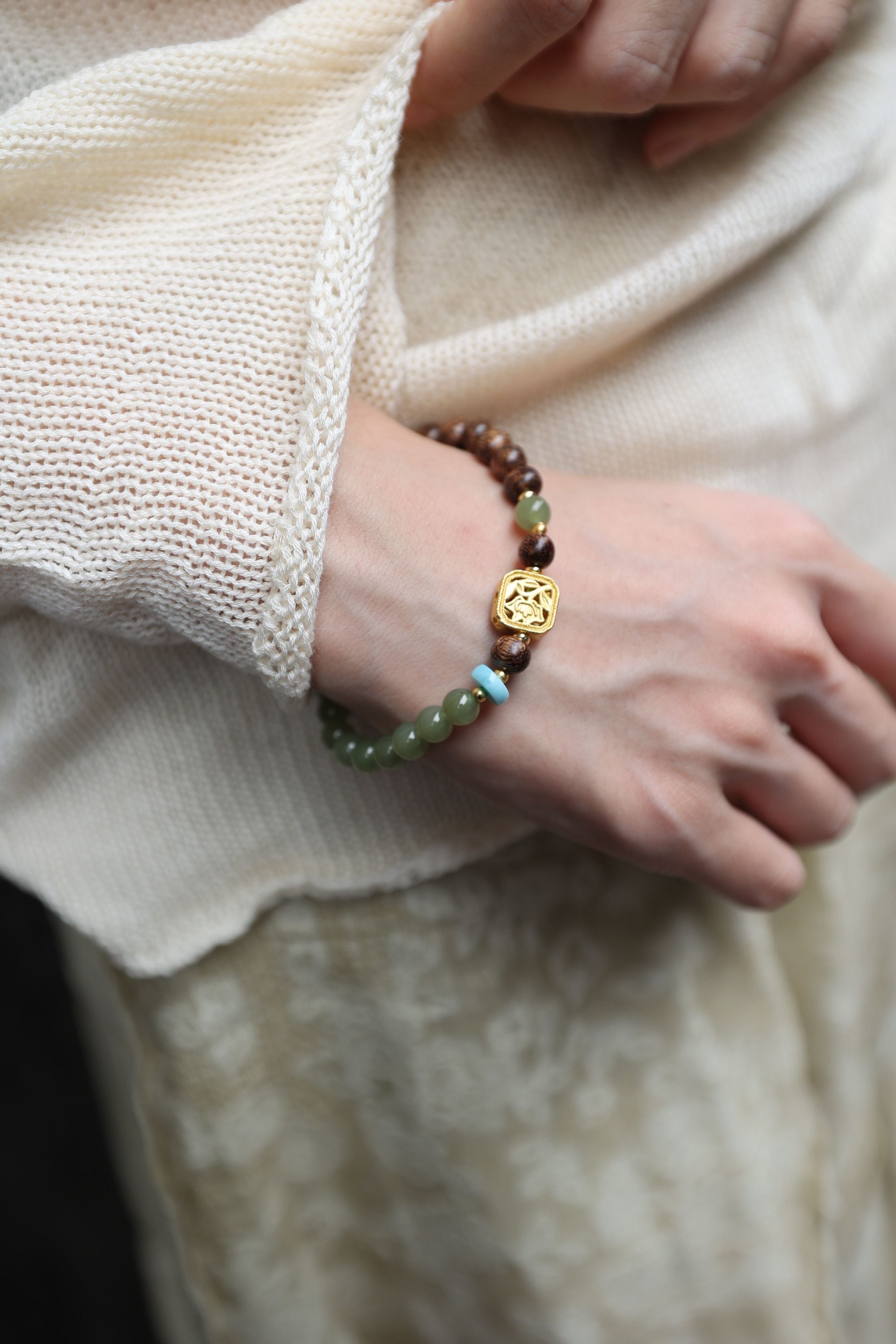 Agarwood, Hetian Jade, and Larimar Bracelet, 16cm with 7mm Beads