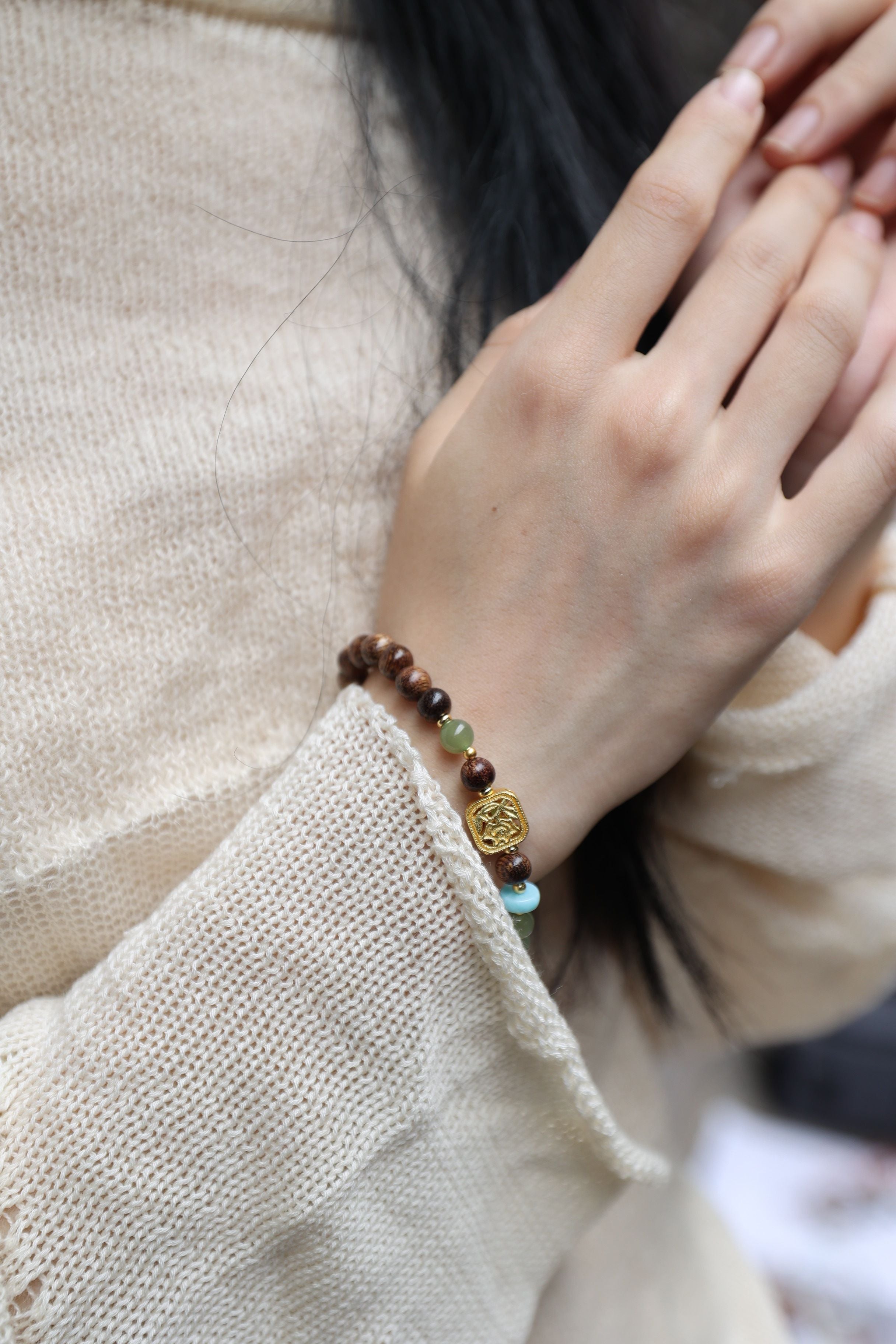 Agarwood, Hetian Jade, and Larimar Bracelet, 16cm with 7mm Beads