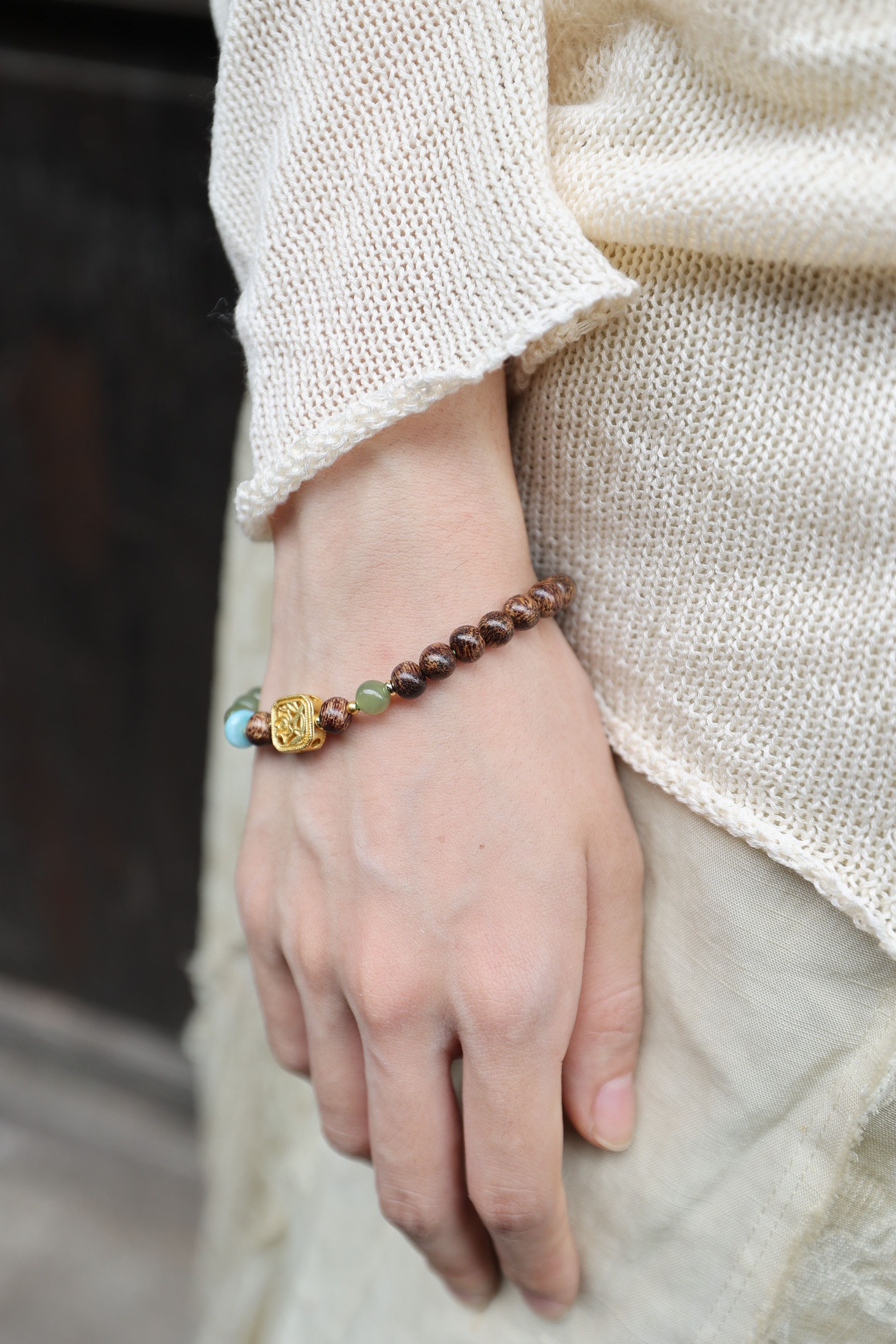 Agarwood, Hetian Jade, and Larimar Bracelet, 16cm with 7mm Beads