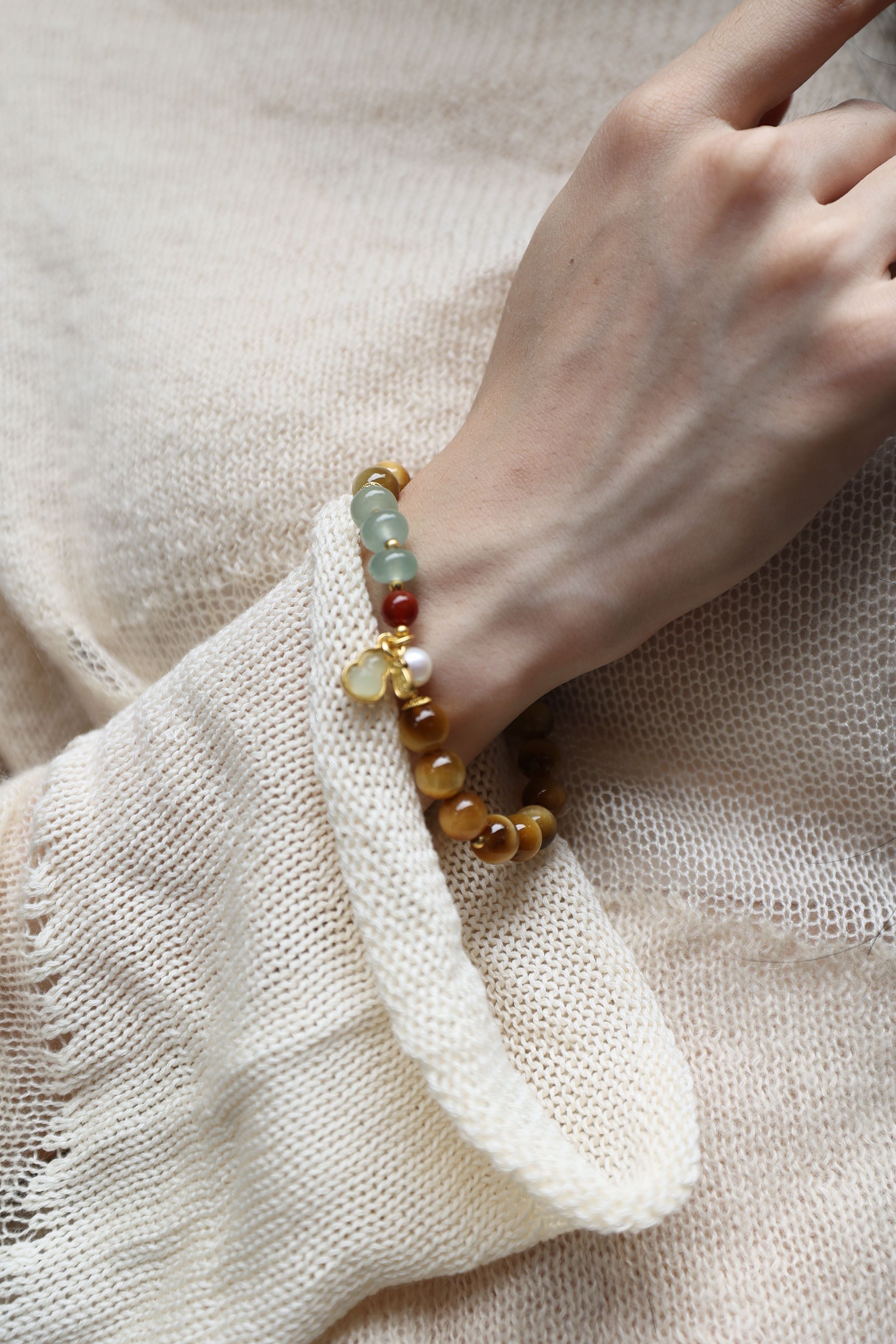 Golden Tiger Eye, Pearl, and Green Aventurine Bracelet, 16cm with 8mm Beads