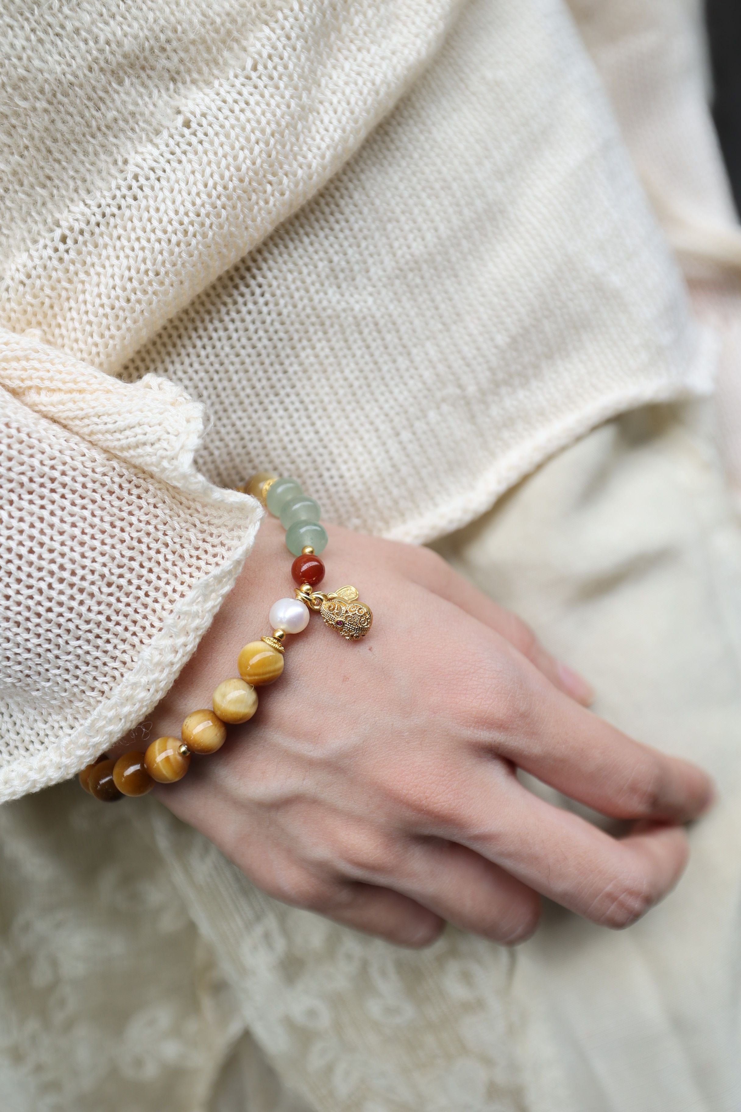 Golden Tiger Eye, Pearl, and Green Aventurine Bracelet, 16cm with 8mm Beads