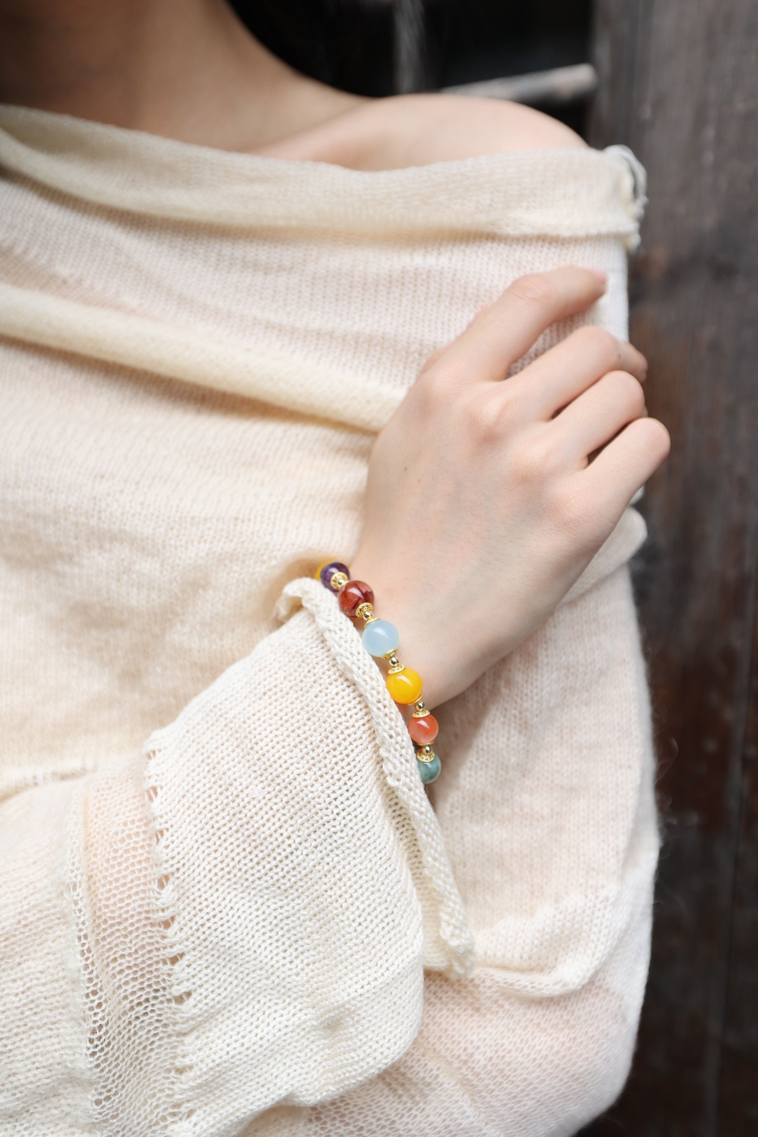 Multicolored Gemstone Treasure Bracelet, 16cm with 8mm Beads