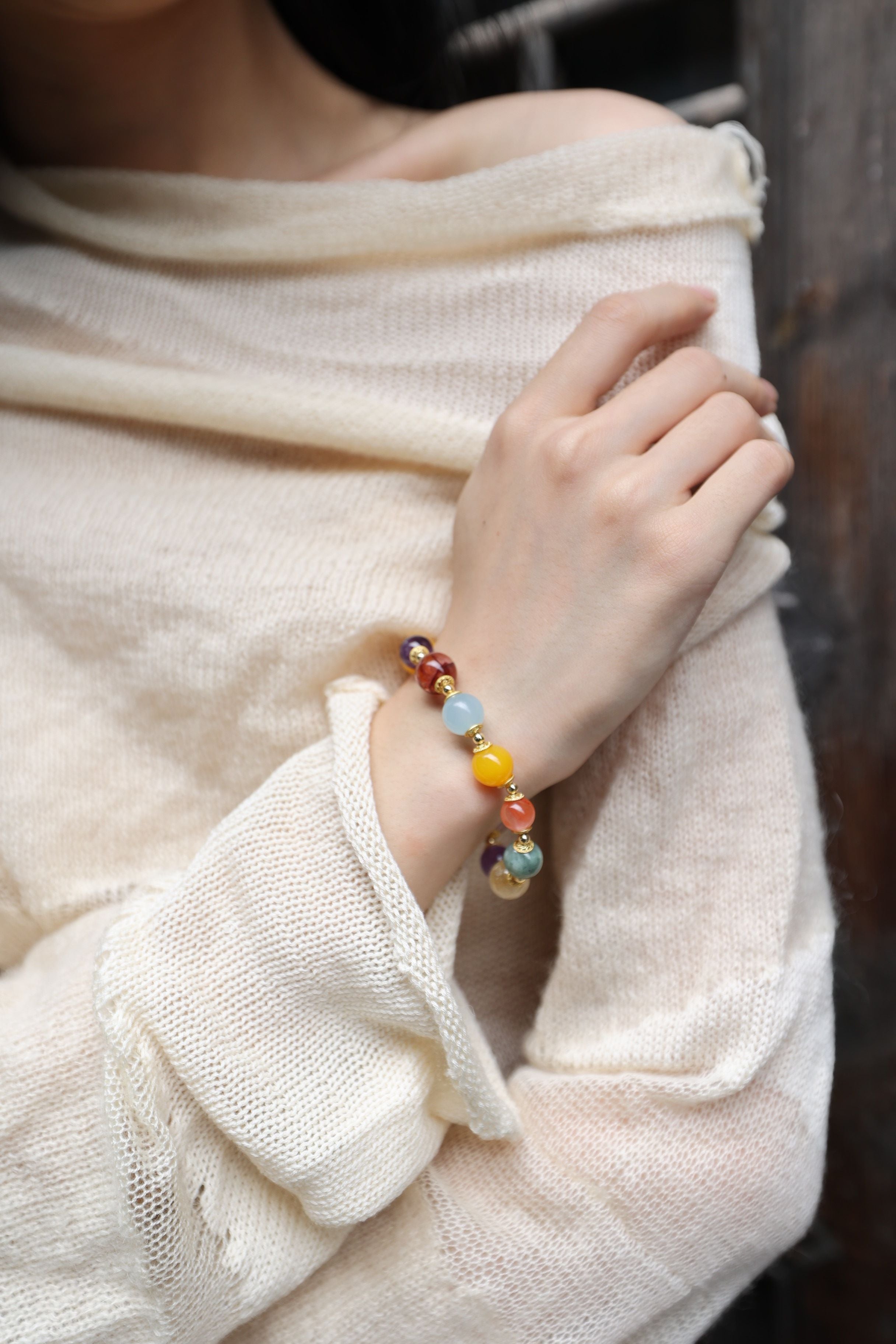 Multicolored Gemstone Treasure Bracelet, 16cm with 8mm Beads