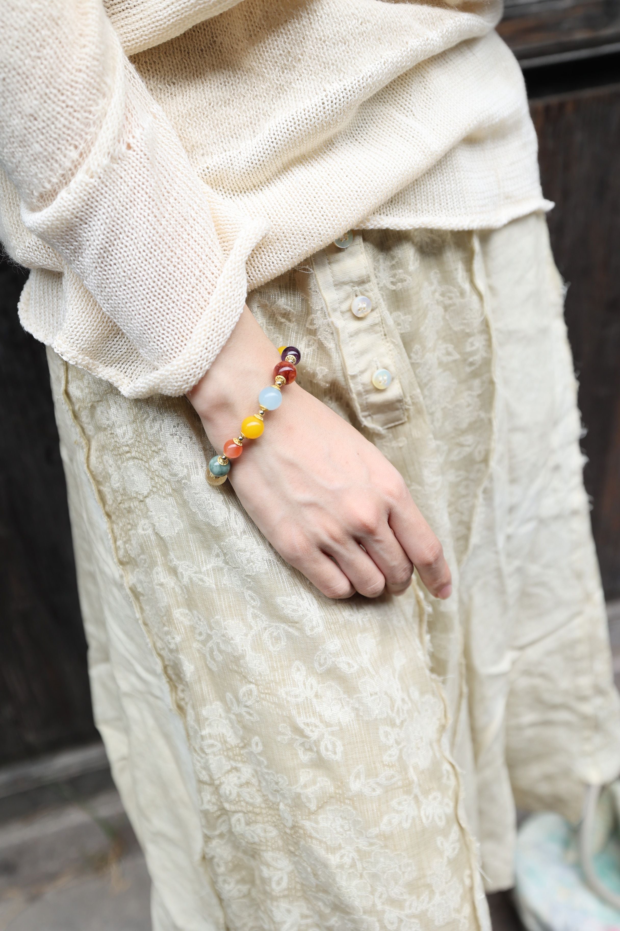 Multicolored Gemstone Treasure Bracelet, 16cm with 8mm Beads