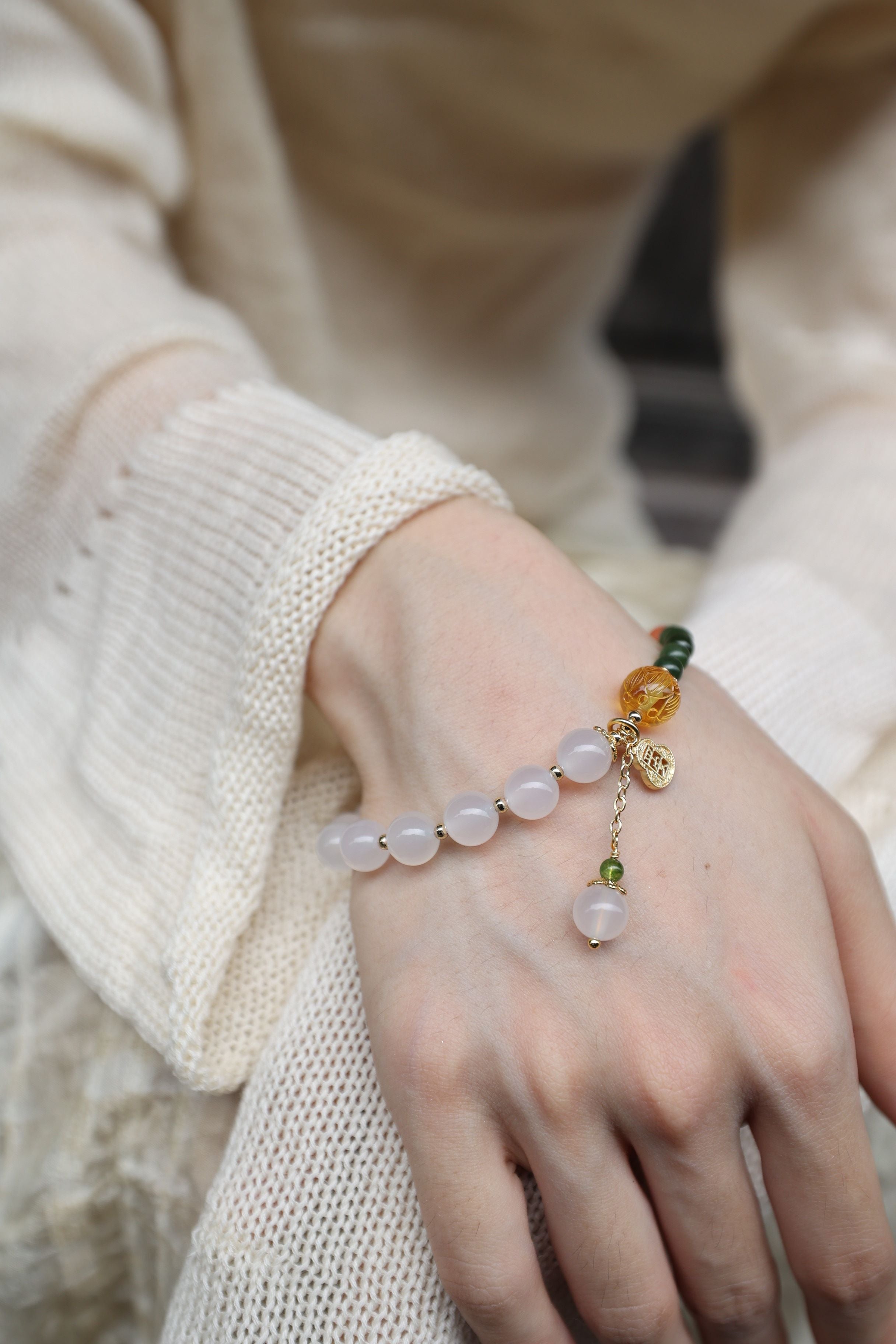 White Agate, Amber, Jasper, and Red Agate Bracelet with Peace Pendant