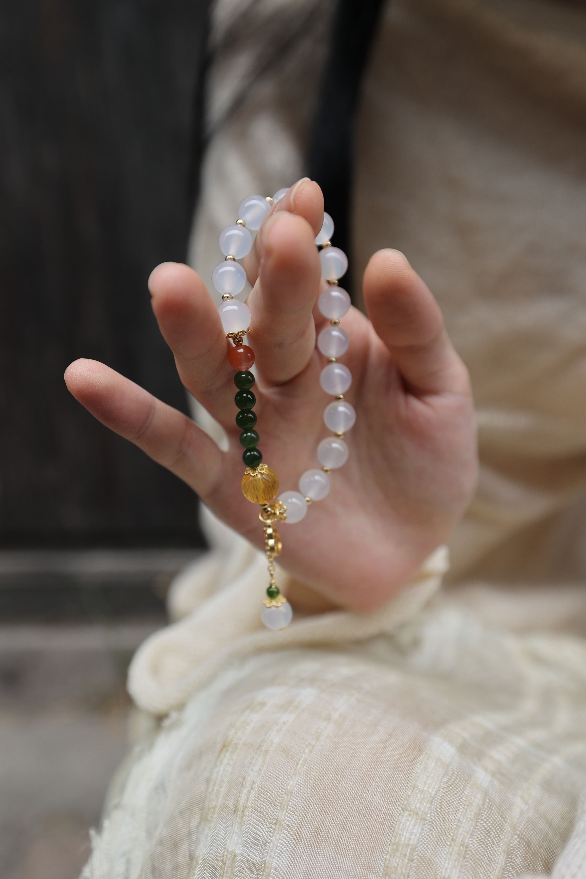 White Agate, Amber, Jasper, and Red Agate Bracelet with Peace Pendant