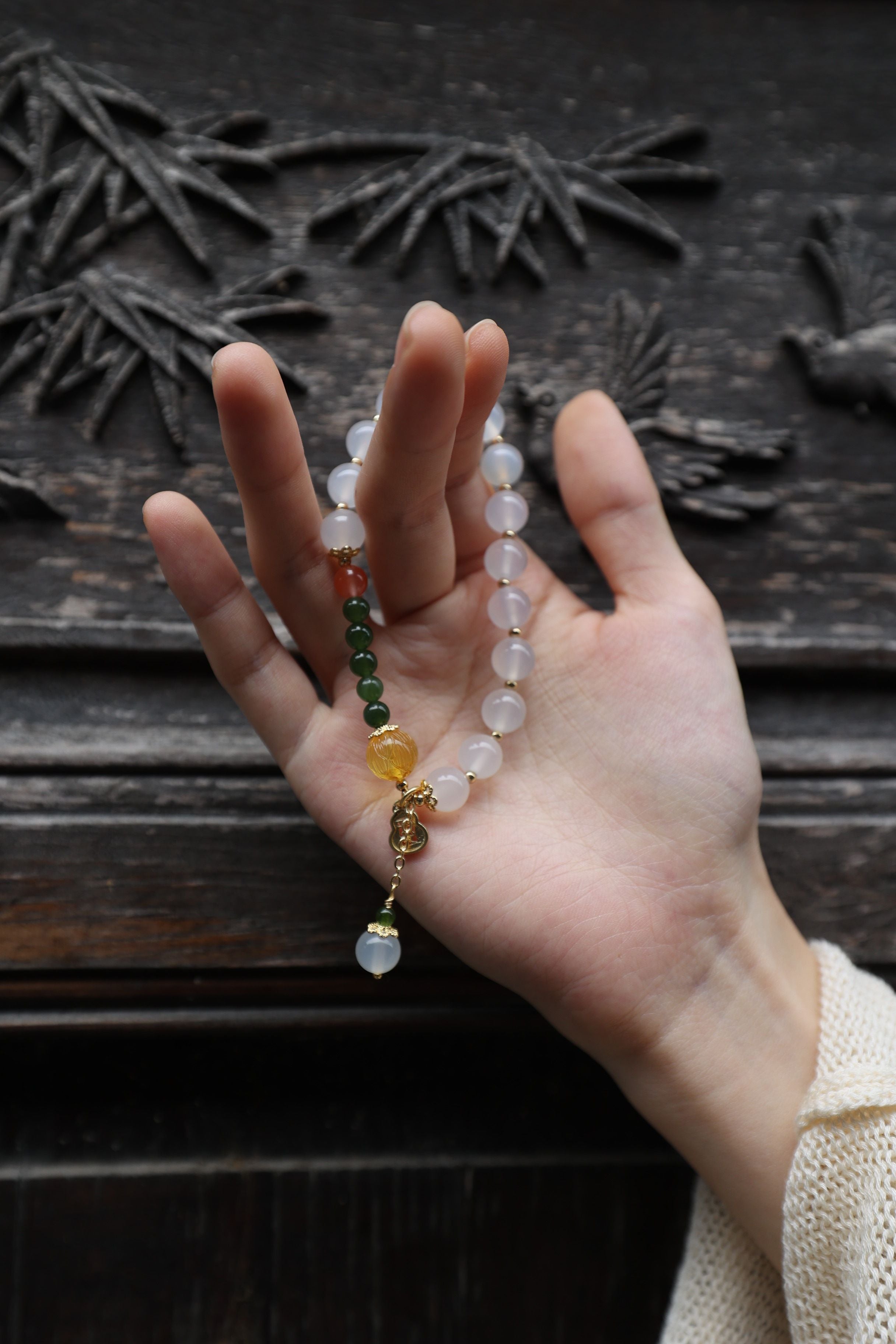 White Agate, Amber, Jasper, and Red Agate Bracelet with Peace Pendant