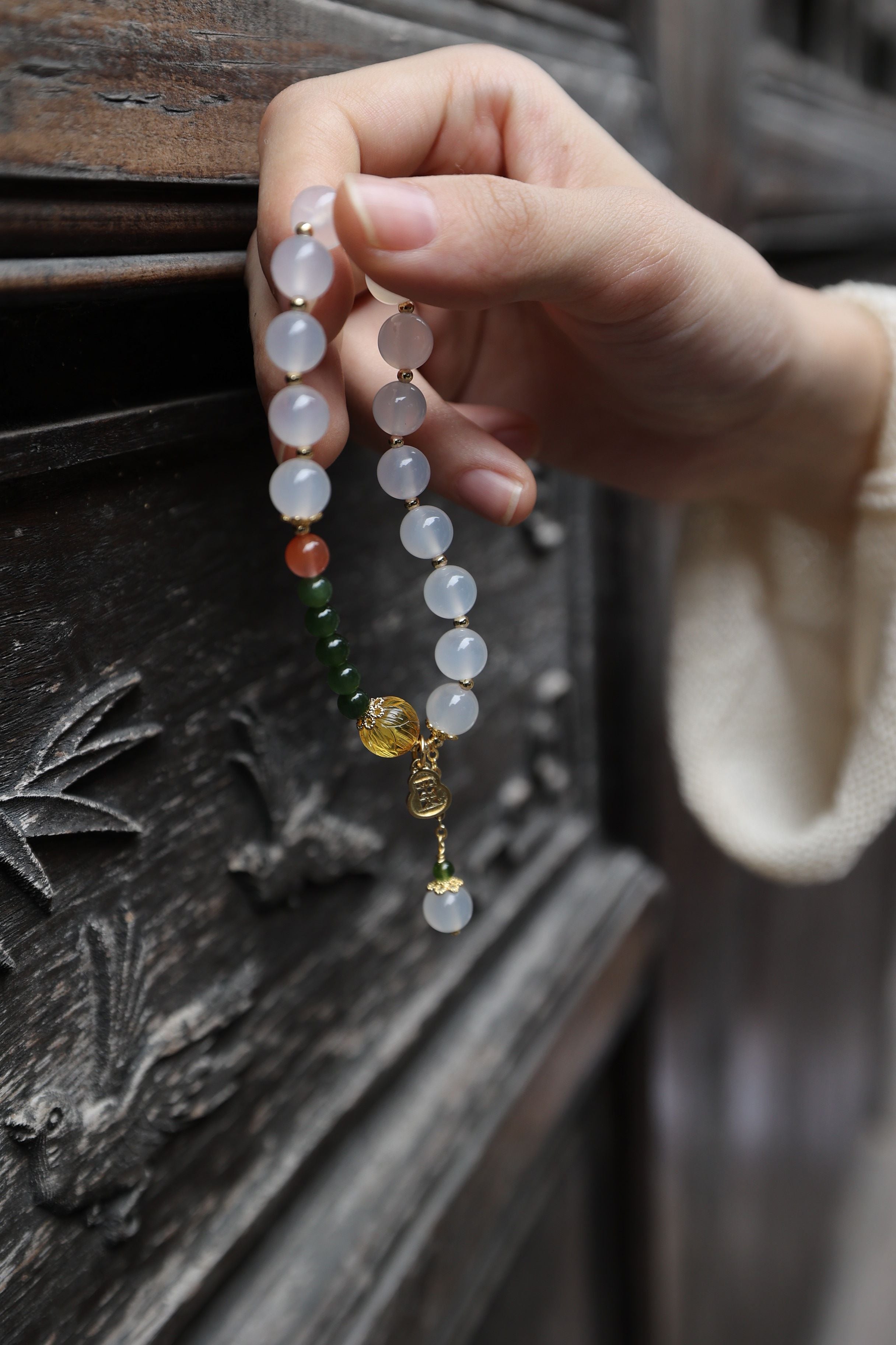 White Agate, Amber, Jasper, and Red Agate Bracelet with Peace Pendant