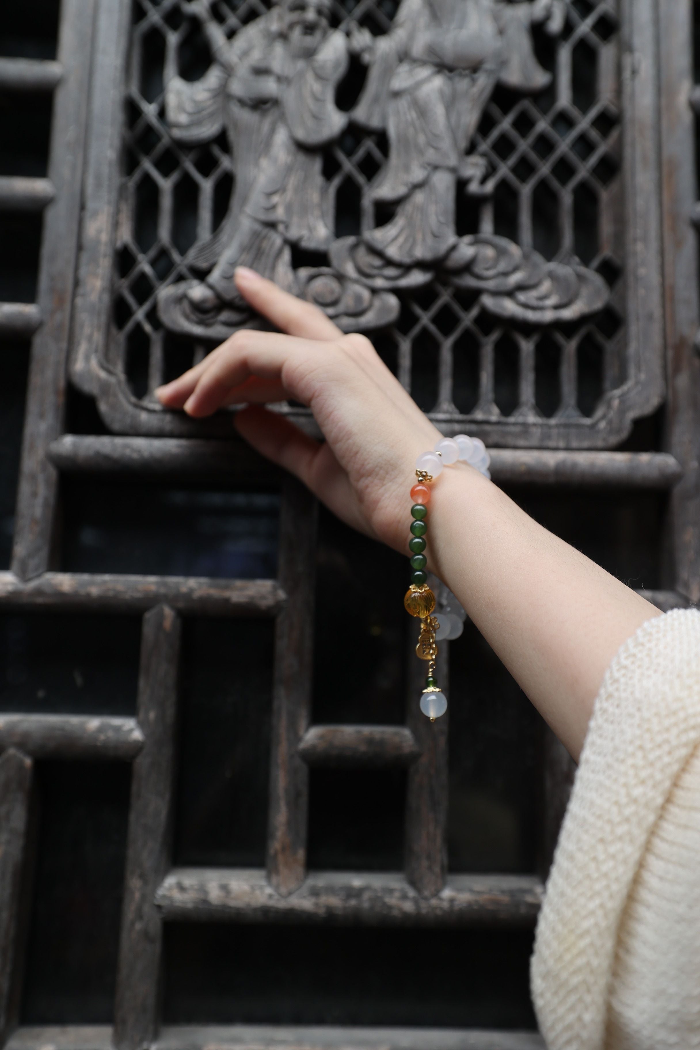 White Agate, Amber, Jasper, and Red Agate Bracelet with Peace Pendant