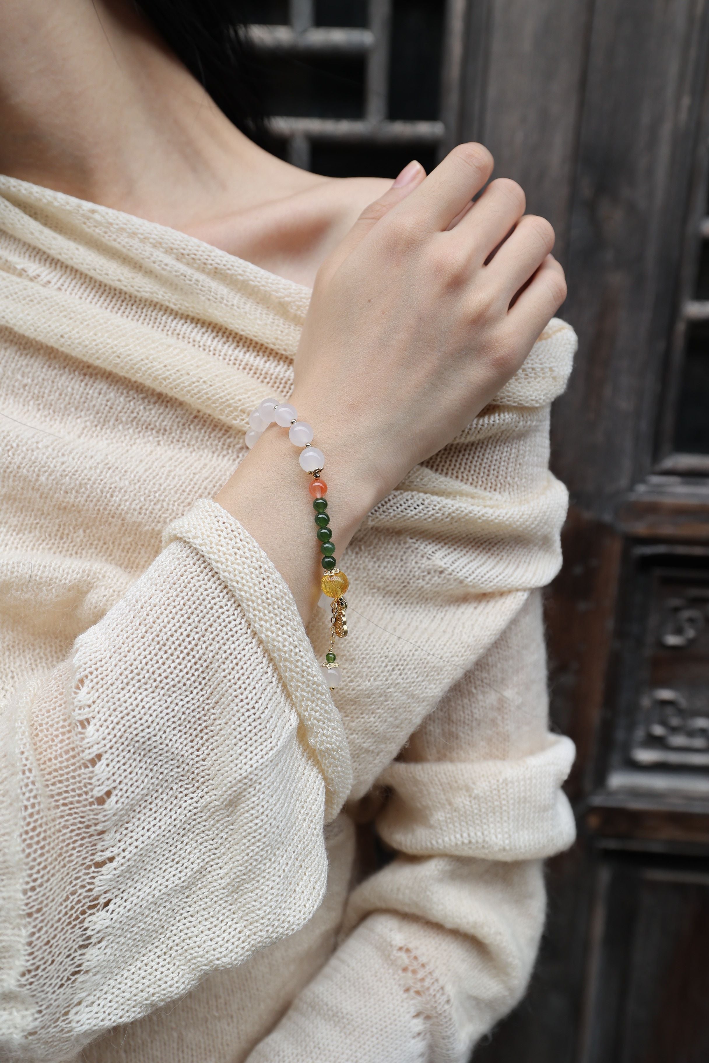 White Agate, Amber, Jasper, and Red Agate Bracelet with Peace Pendant