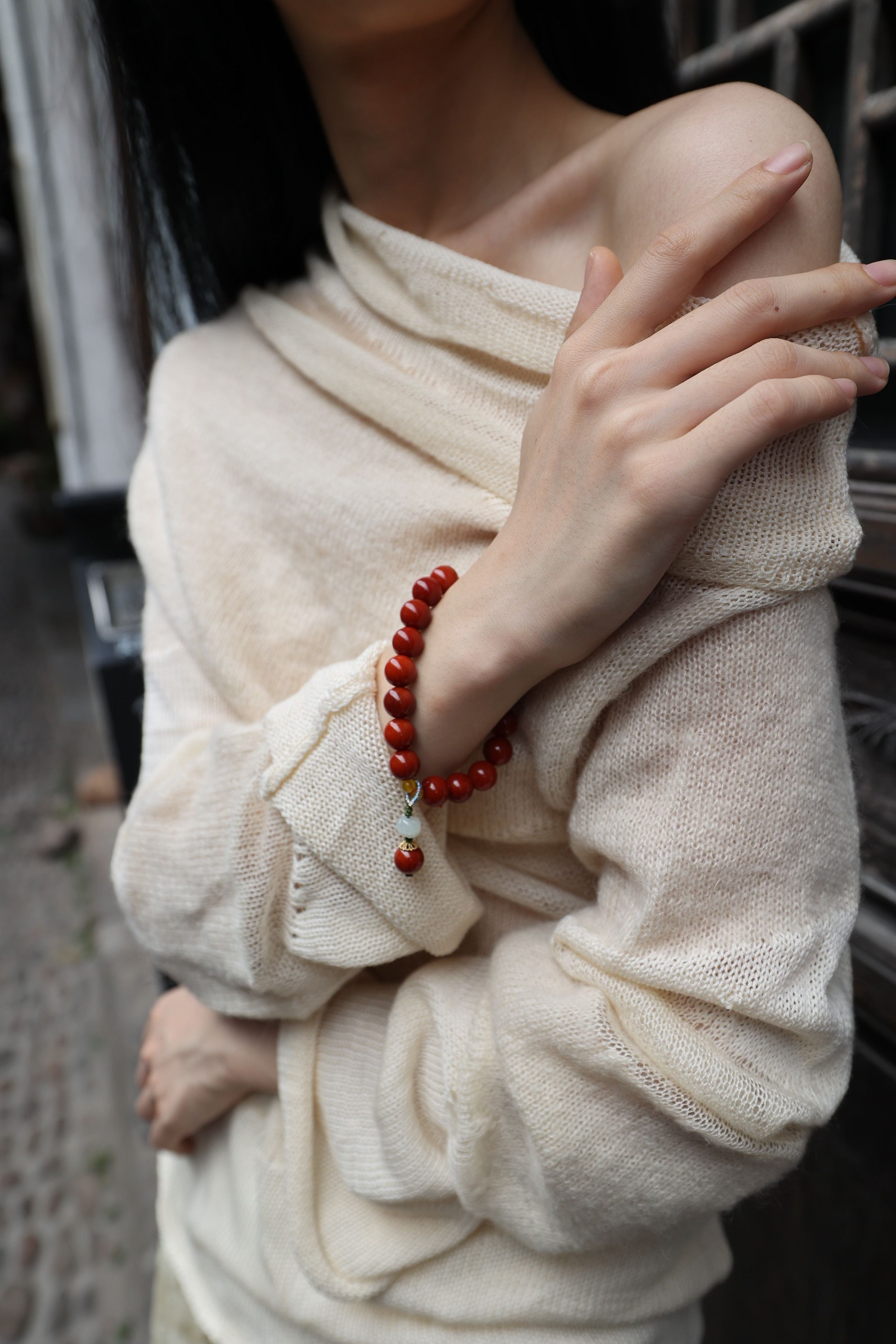 South Red Agate, Jade, and Yellow Agate Elastic Bracelet