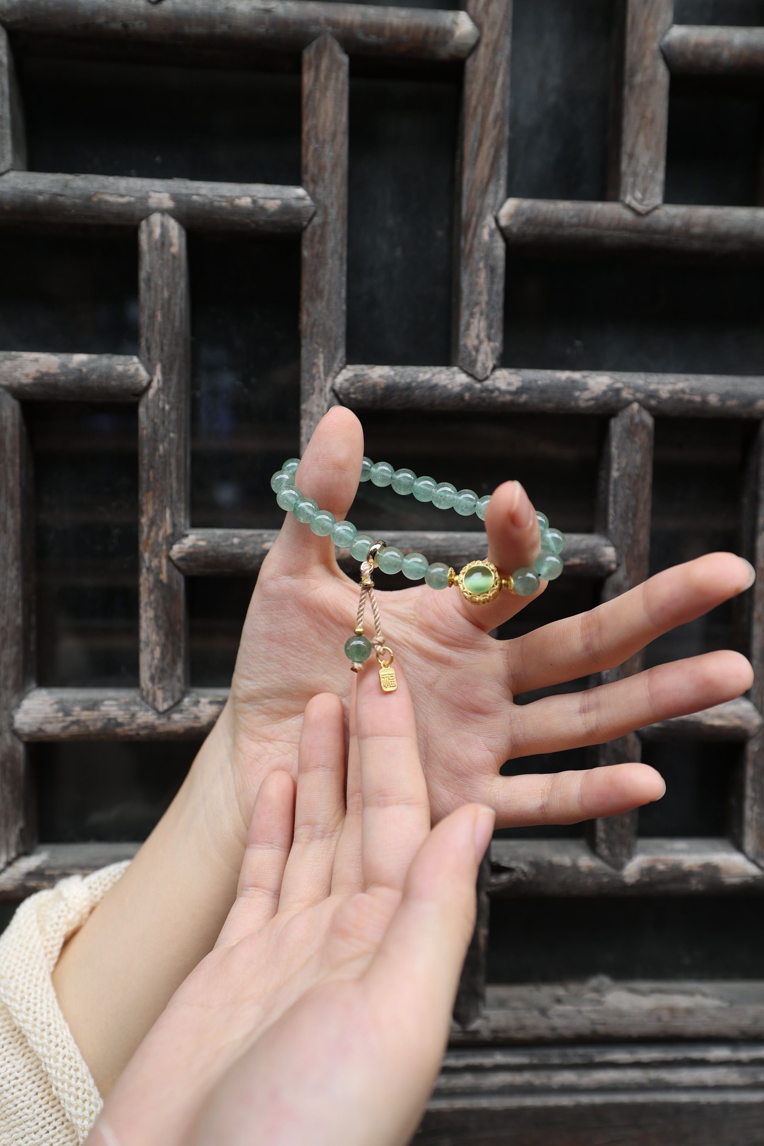 Green Strawberry Quartz Bracelet, 16cm with 8mm Beads