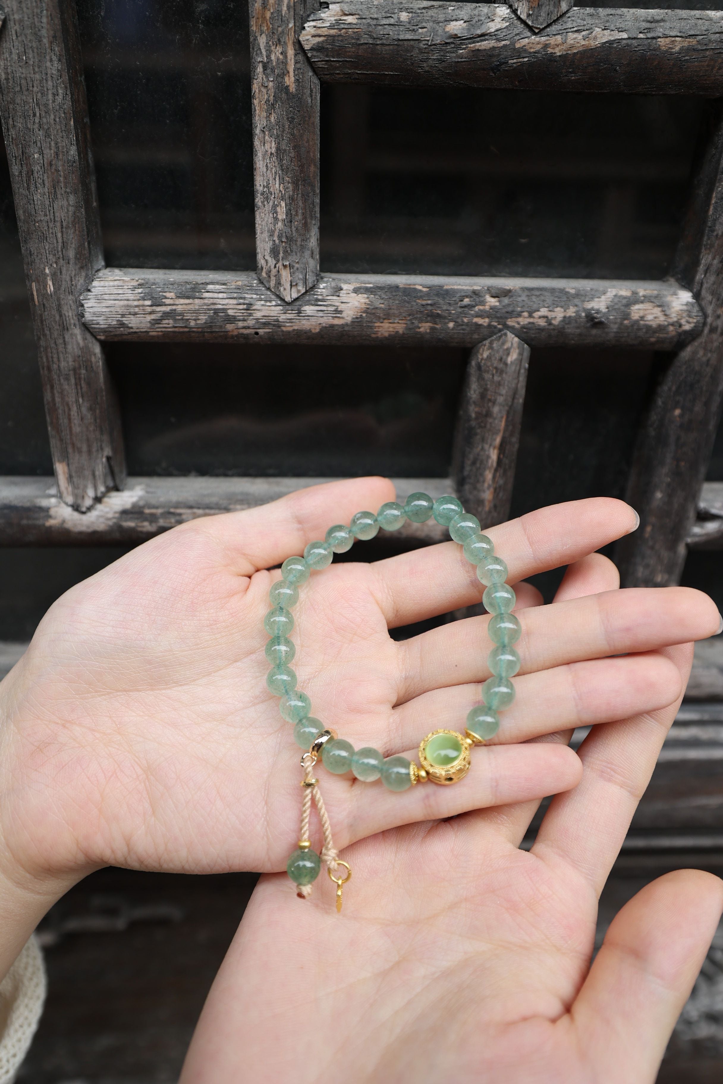 Green Strawberry Quartz Bracelet, 16cm with 8mm Beads