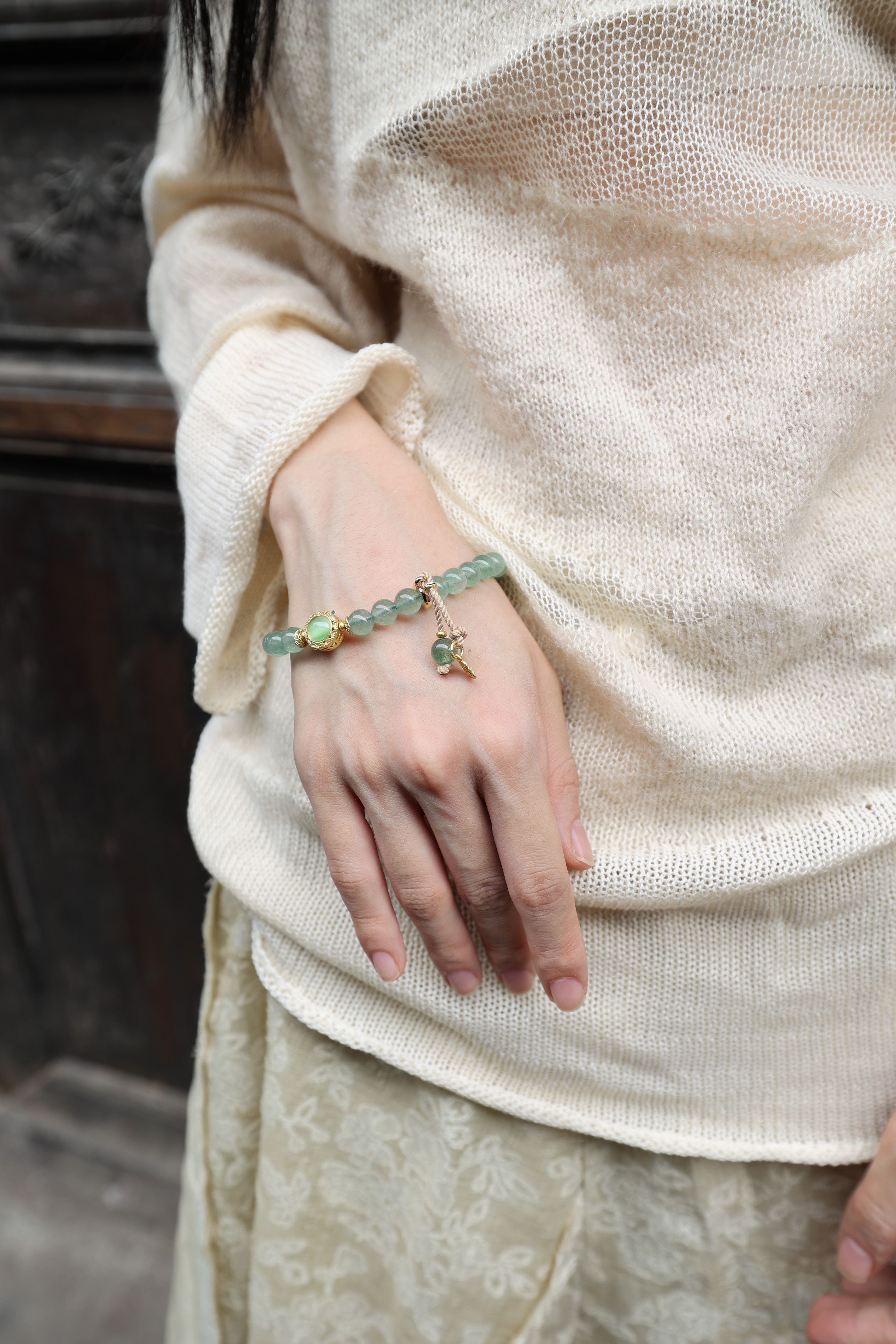 Green Strawberry Quartz Bracelet, 16cm with 8mm Beads