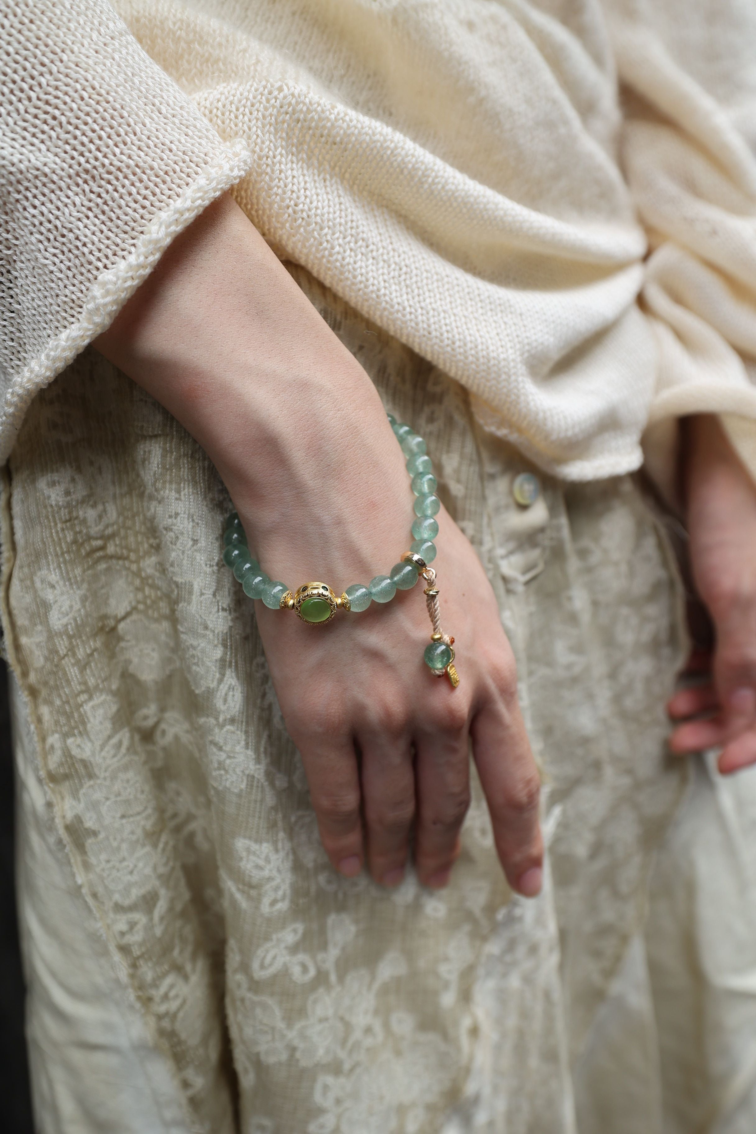 Green Strawberry Quartz Bracelet, 16cm with 8mm Beads