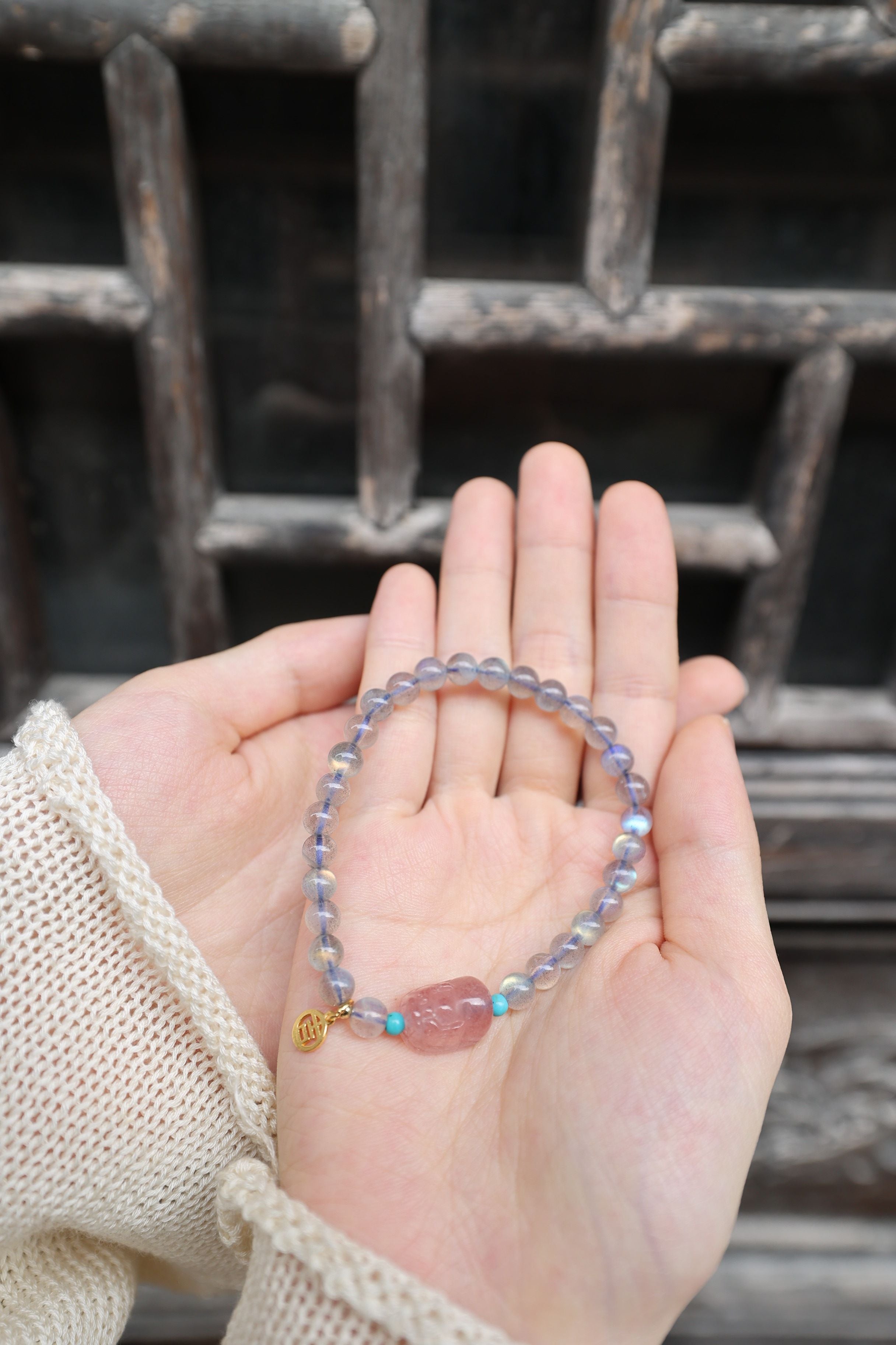 Gray Moonstone and Strawberry Quartz Elastic Bracelet