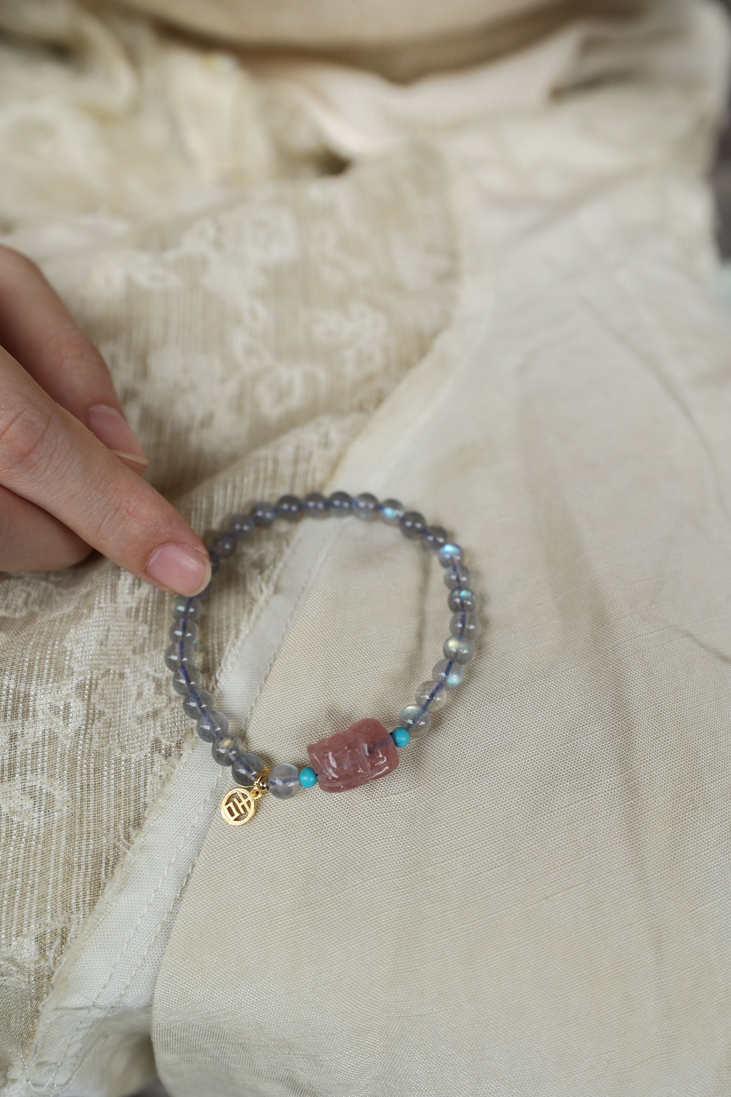 Gray Moonstone and Strawberry Quartz Elastic Bracelet