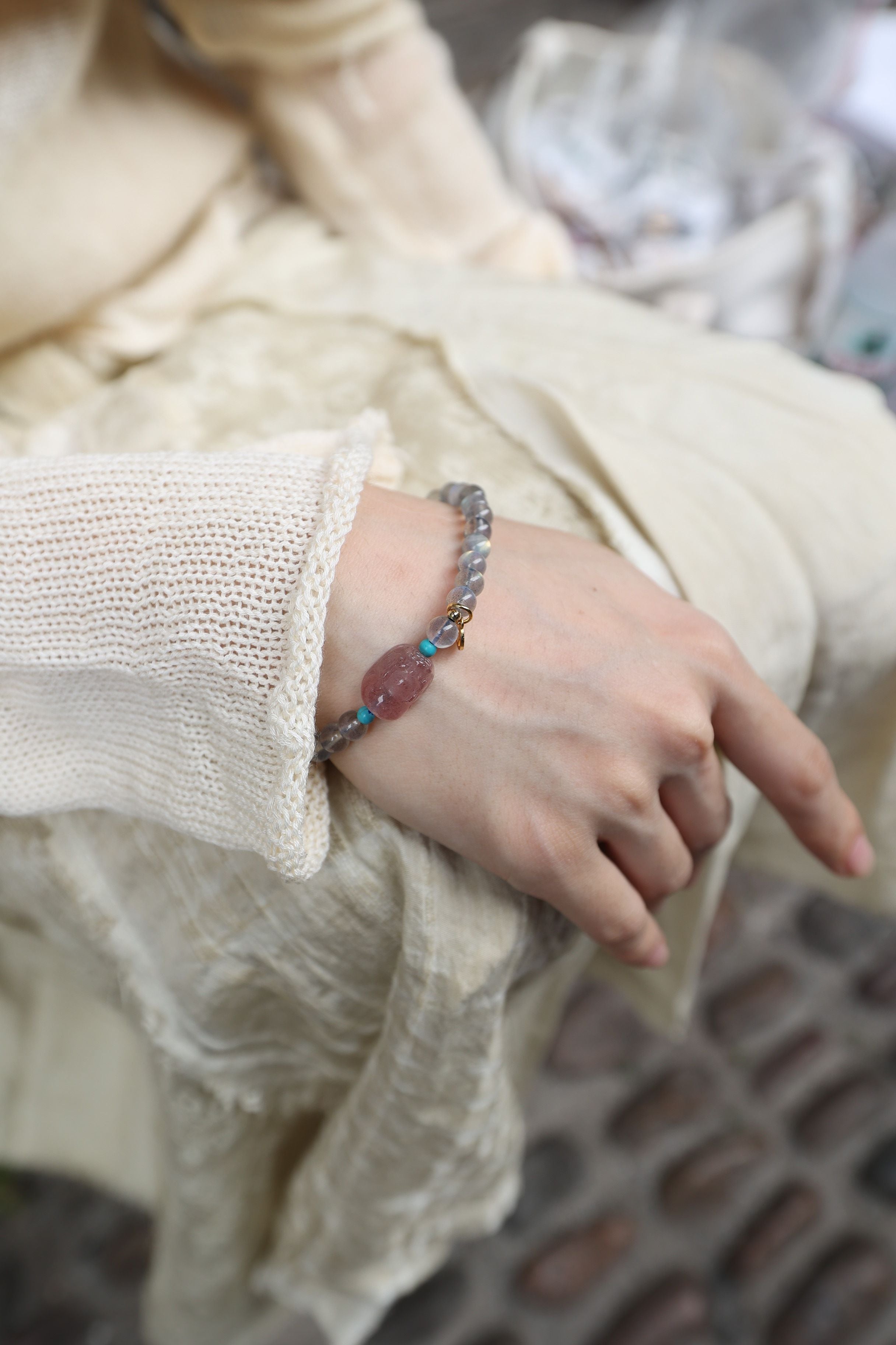 Gray Moonstone and Strawberry Quartz Elastic Bracelet