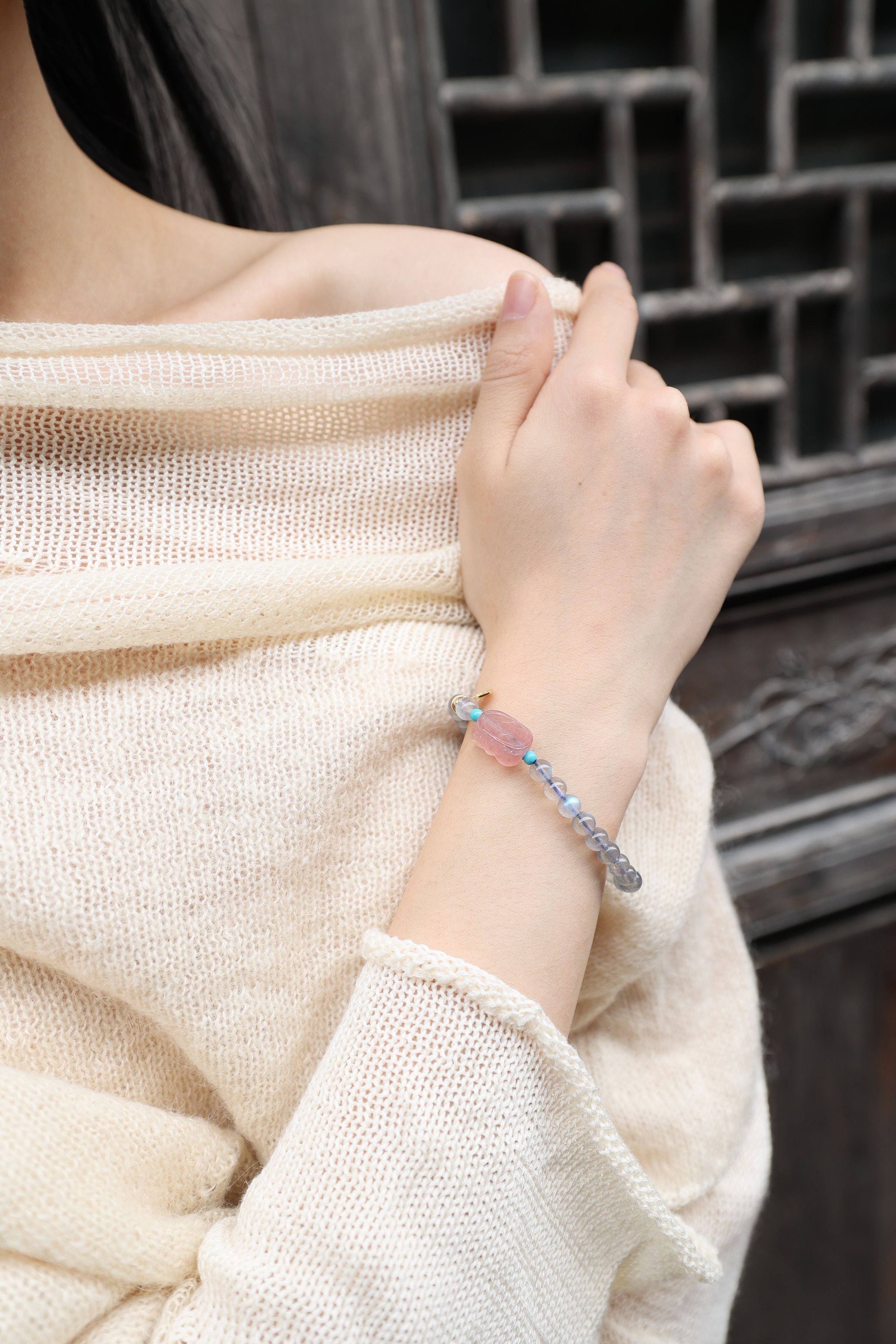 Gray Moonstone and Strawberry Quartz Elastic Bracelet