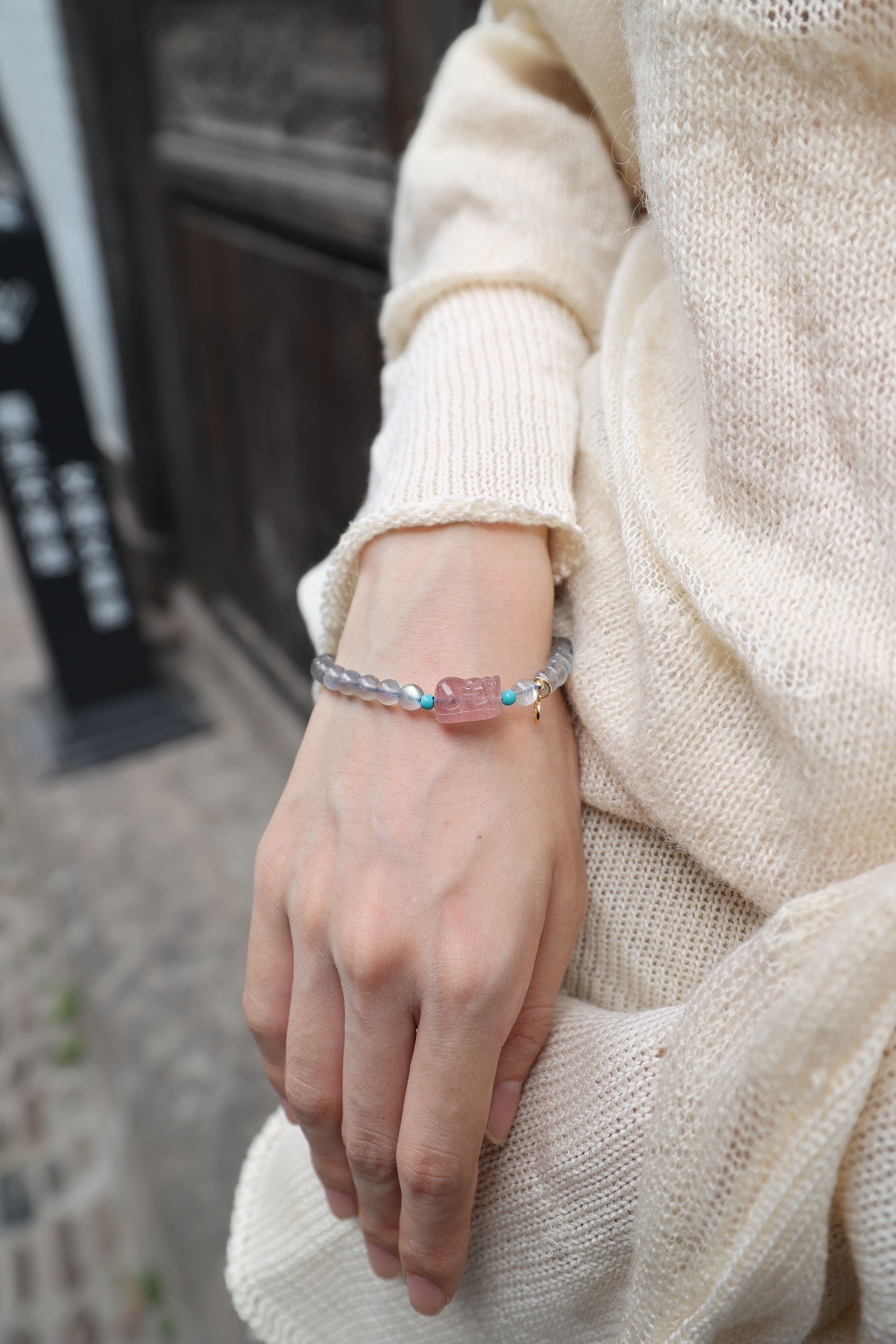 Gray Moonstone and Strawberry Quartz Elastic Bracelet