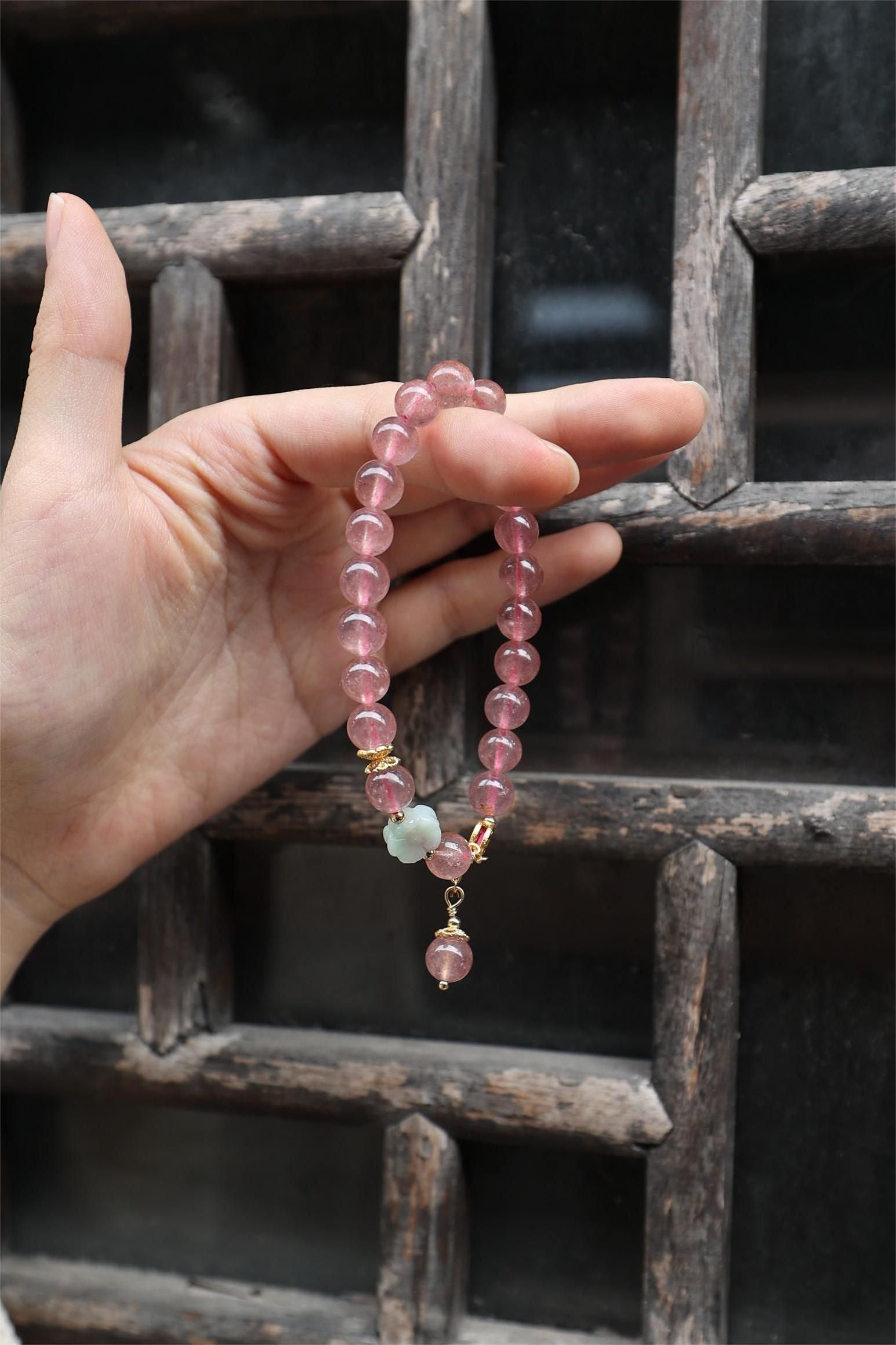 Strawberry Quartz and Jade Elastic Bracelet