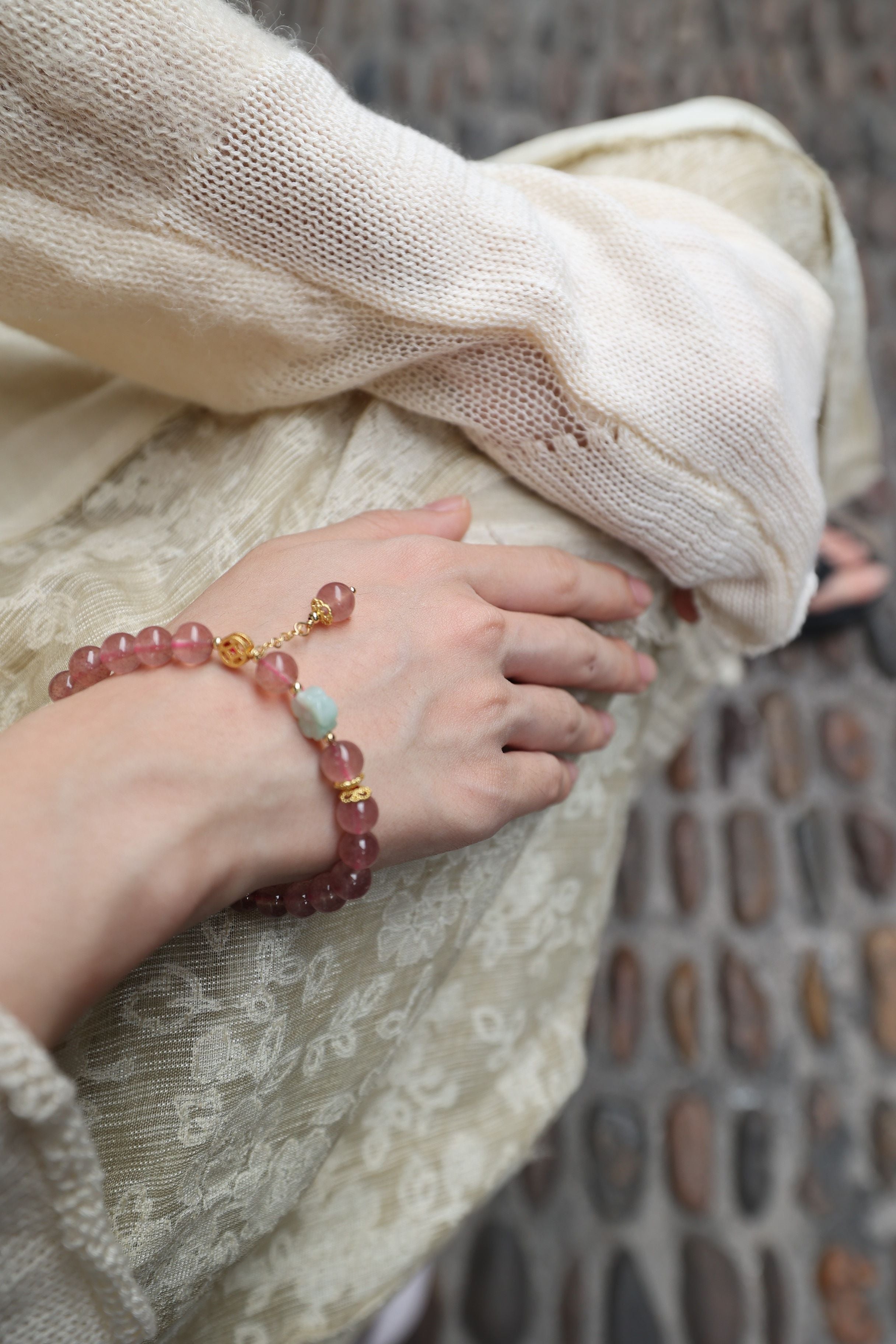 Strawberry Quartz and Jade Elastic Bracelet