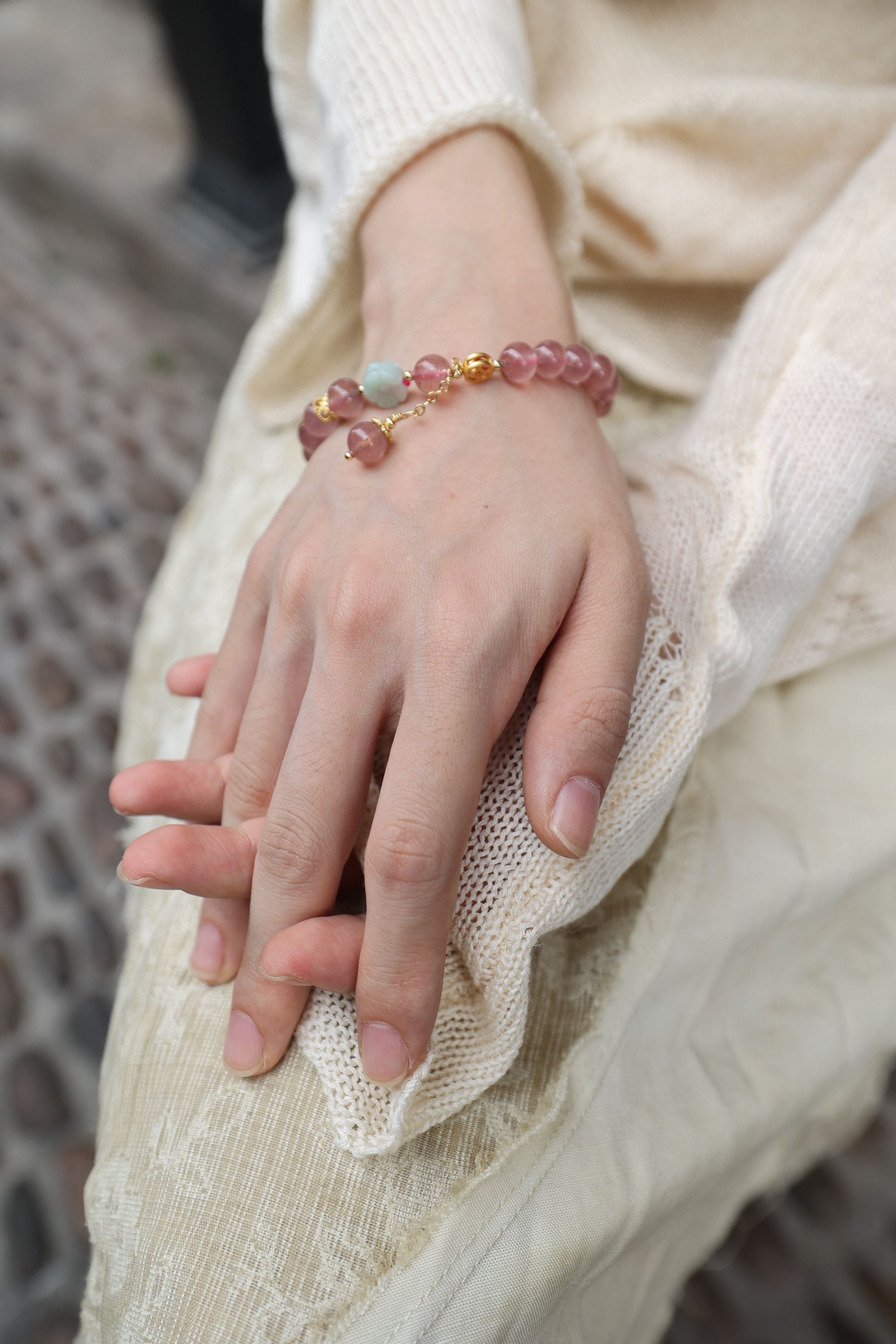 Strawberry Quartz and Jade Elastic Bracelet