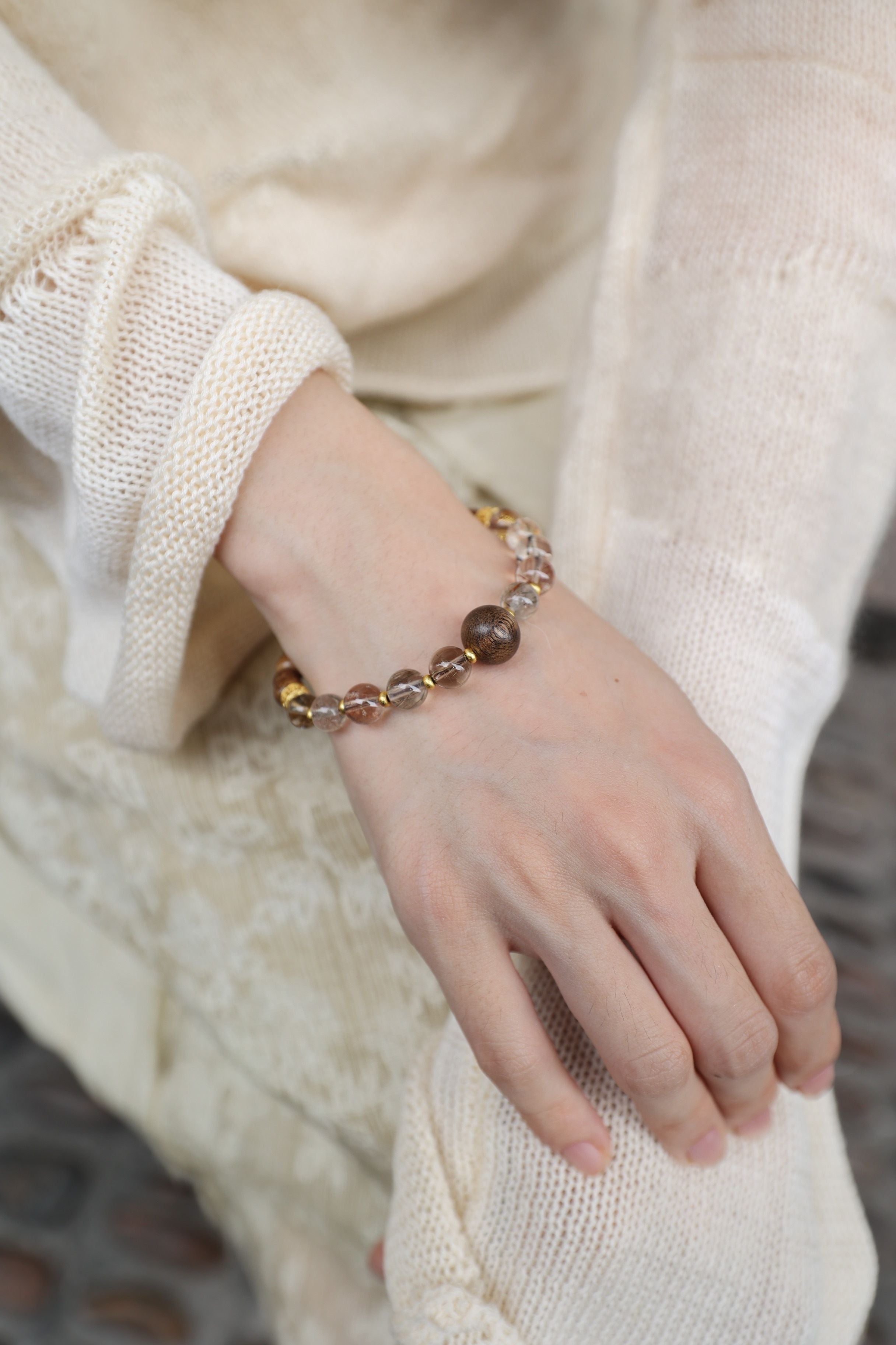 Agarwood and Multicolor Rutilated Quartz Bracelet, 16cm with 7mm Beads