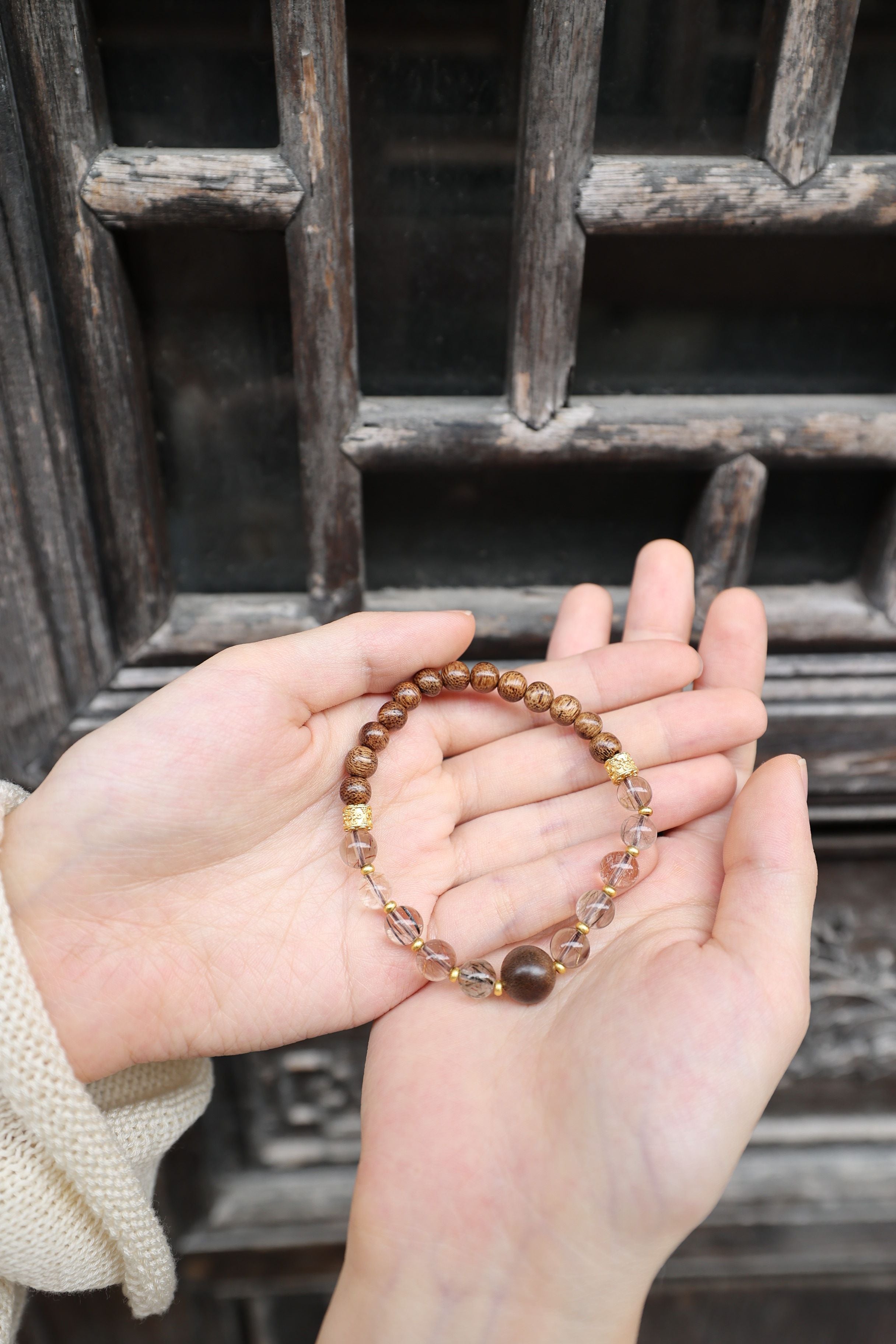 Agarwood and Multicolor Rutilated Quartz Bracelet, 16cm with 7mm Beads